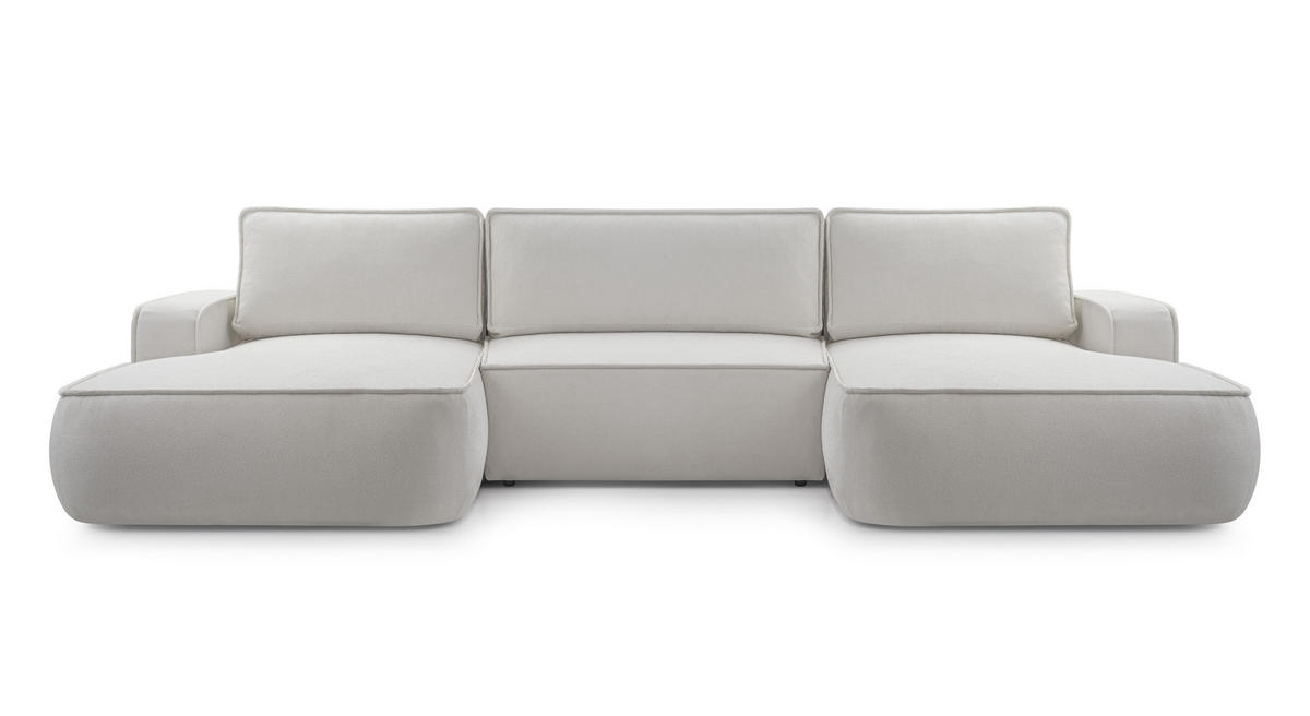 WOHNLANDSCHAFT SOLO Grau Boucle-Stoff mit Schlaffunktion - Grau, Holz (364/87/168cm) - MASSENO