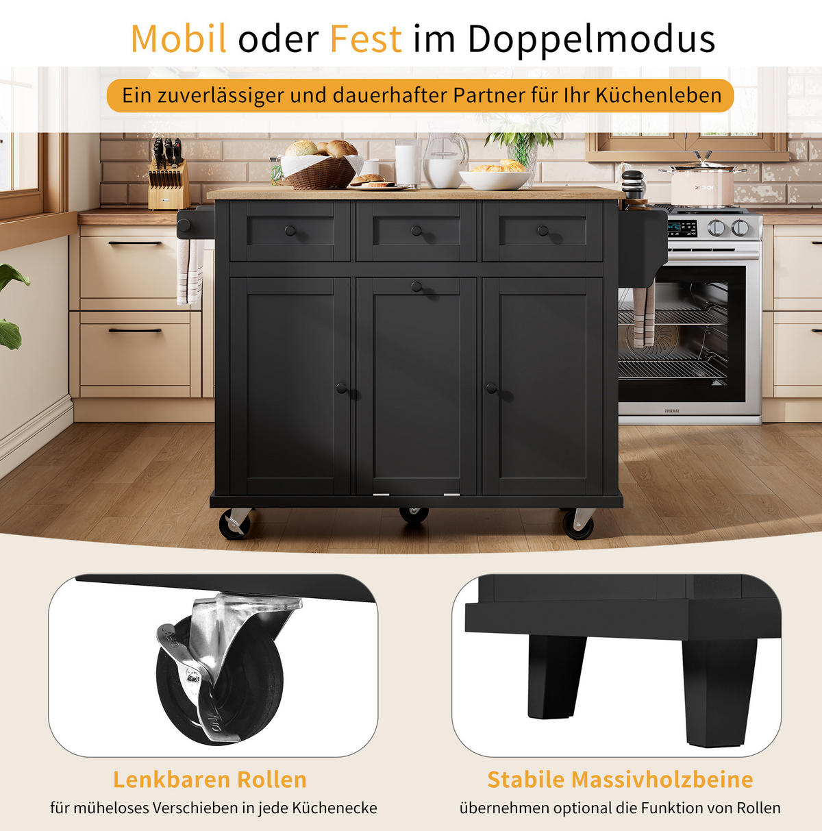 KÜCHENINSEL 112/46,2-76,2/92,7 cm aus MDF mit ausziehbarer Arbeitsplatte Schwarz/Natur - Schwarz, Holzwerkstoff (112/92.7/76.2cm) - Modenvie