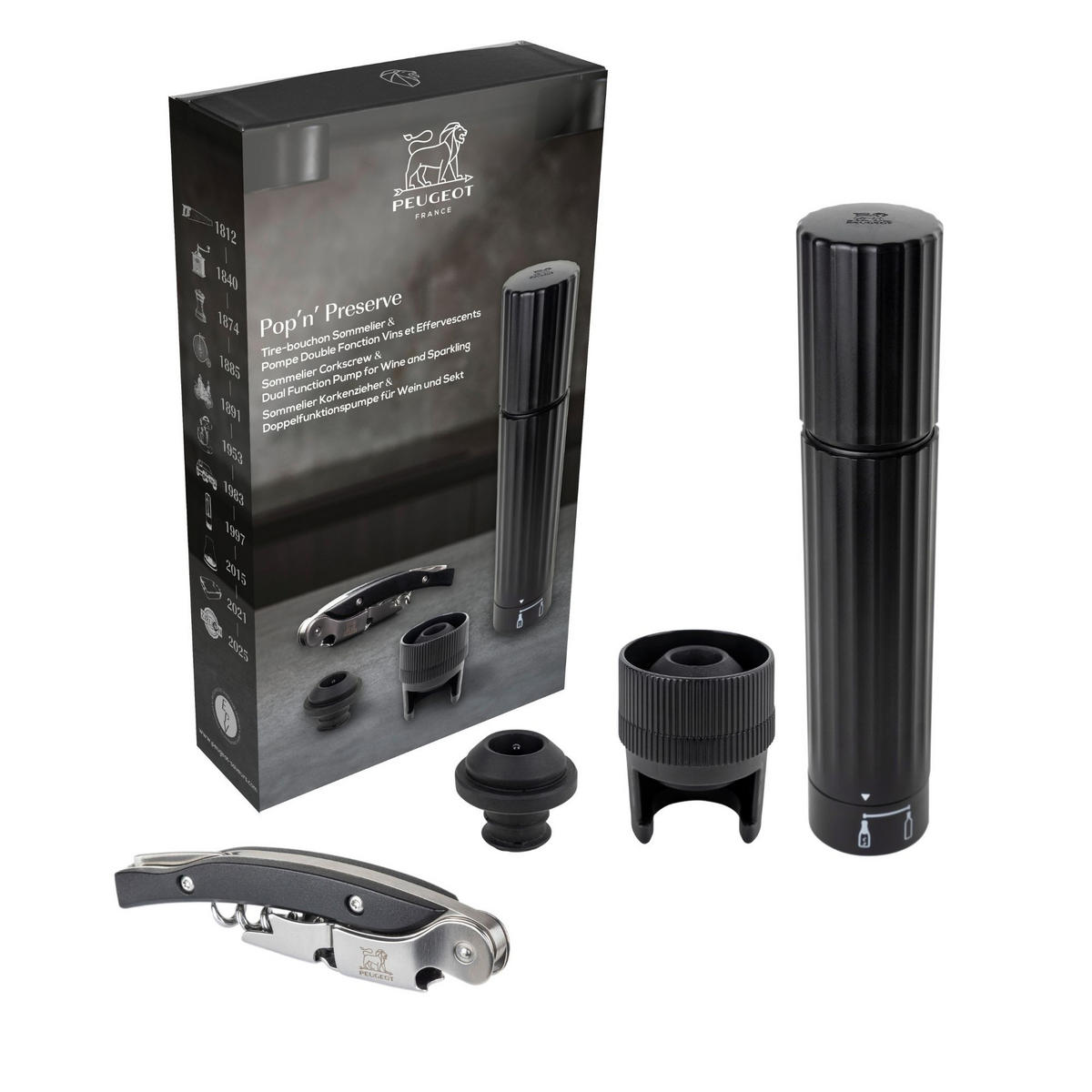 GESCHENKSET Pop'n'Preserve Malbec Korkenzieher Vakuumpumpe Preserve Duo - Schwarz, Kunststoff (4/20/4cm) - PEUGEOT