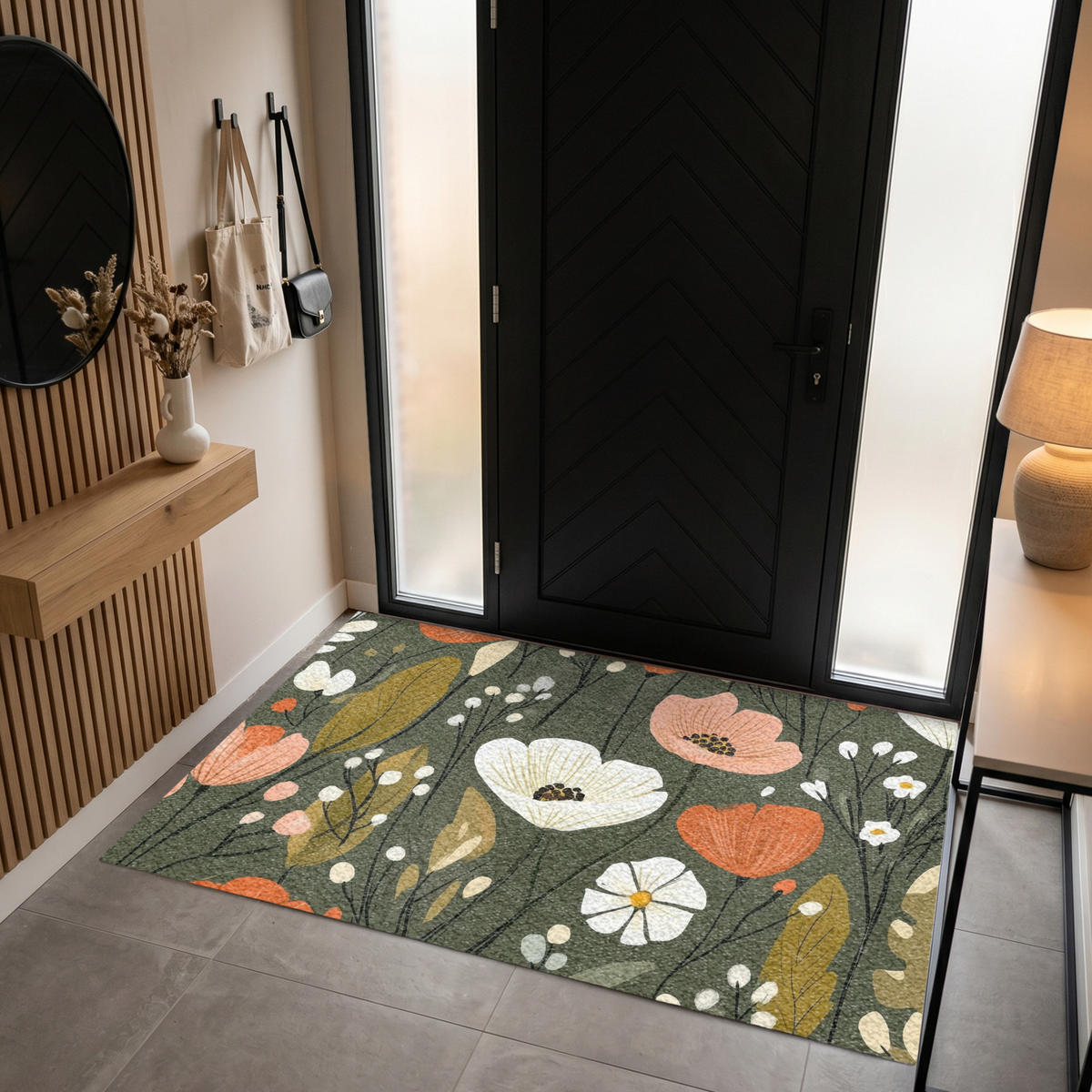 FUSSMATTE Blumen - Illustration - Grün Flurteppich 180x120 cm - Dunkelgrün, Kunststoff (180/120cm) - MuchoWow