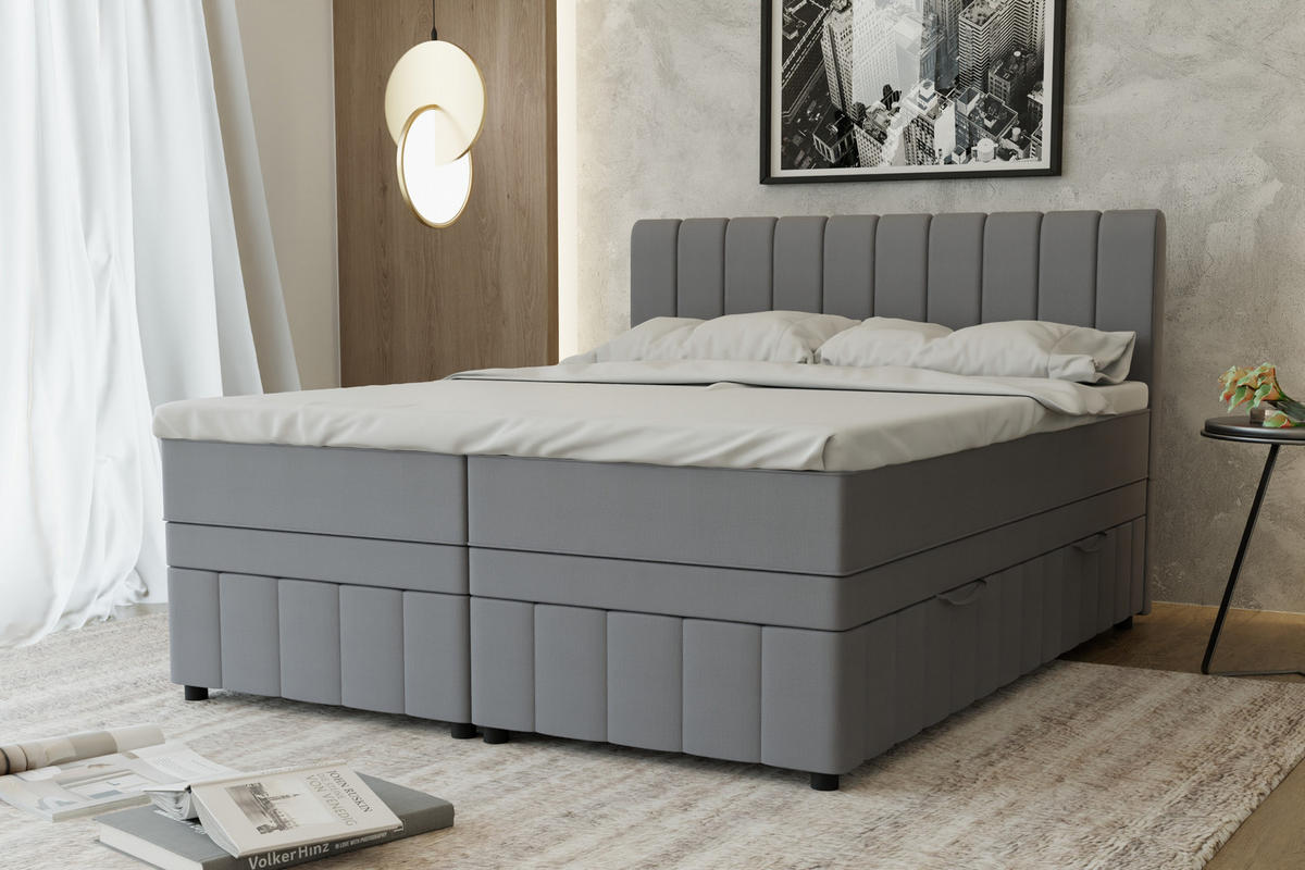 BOXBETT AVALON 160 x 200 cm mit Bettkasten und Topper - Dunkelgrau - Dunkelgrau, Holz - Panda Möbel