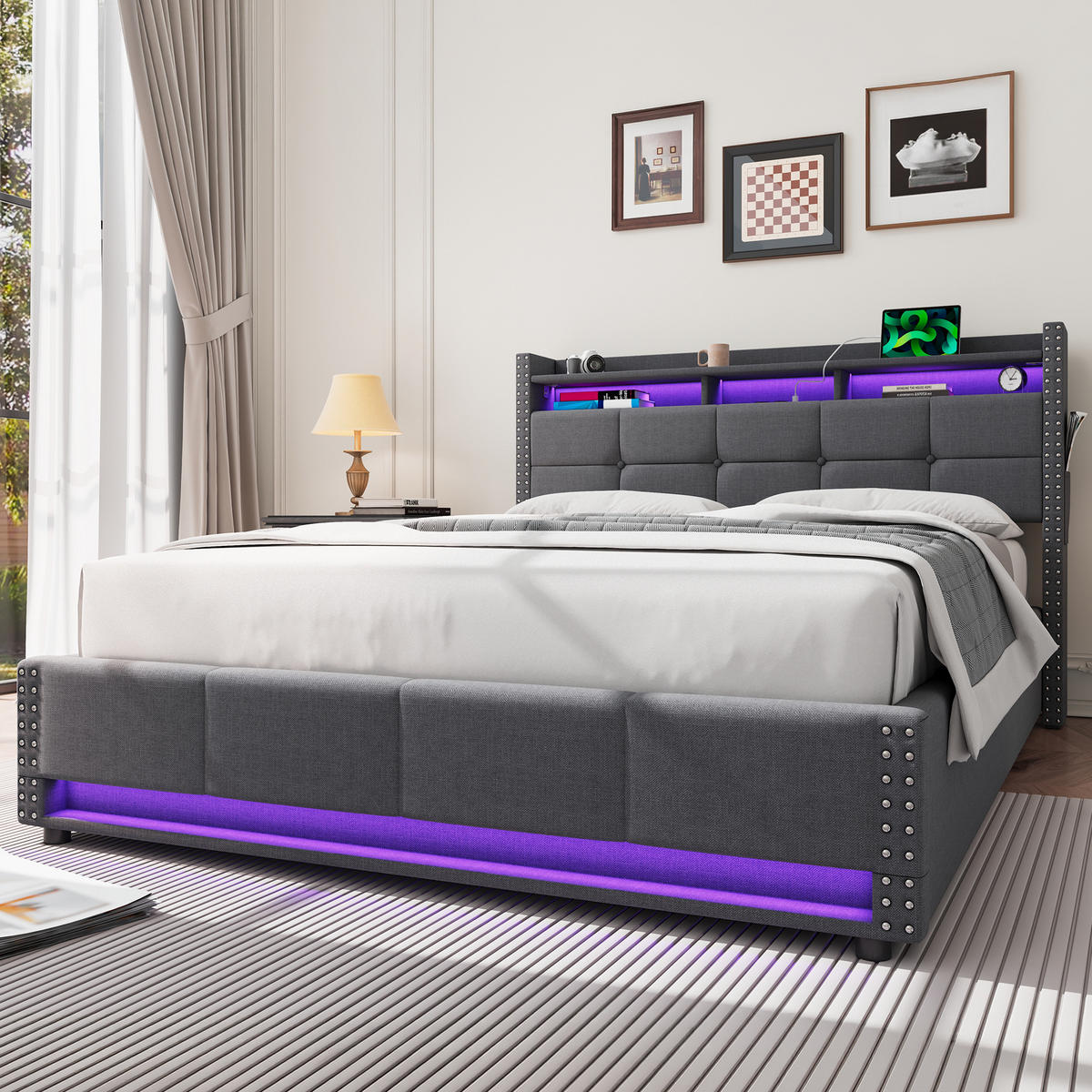 POLSTERBETT 140/200 cm Dunkelgrau mit LED & USB - Dunkelgrau, Textil (140/200cm) - Flora Grace