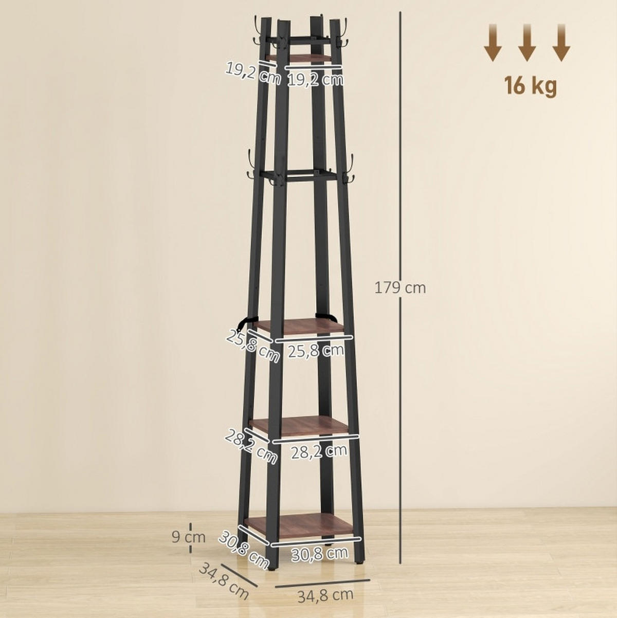 GARDEROBENSTÄNDER 34,8/34,8/179 cm mit 8 Haken und 4 Ablagen aus Metall und Holzoptik, Braun - Braun, Holz (34.8/179/34.8cm) - Redom