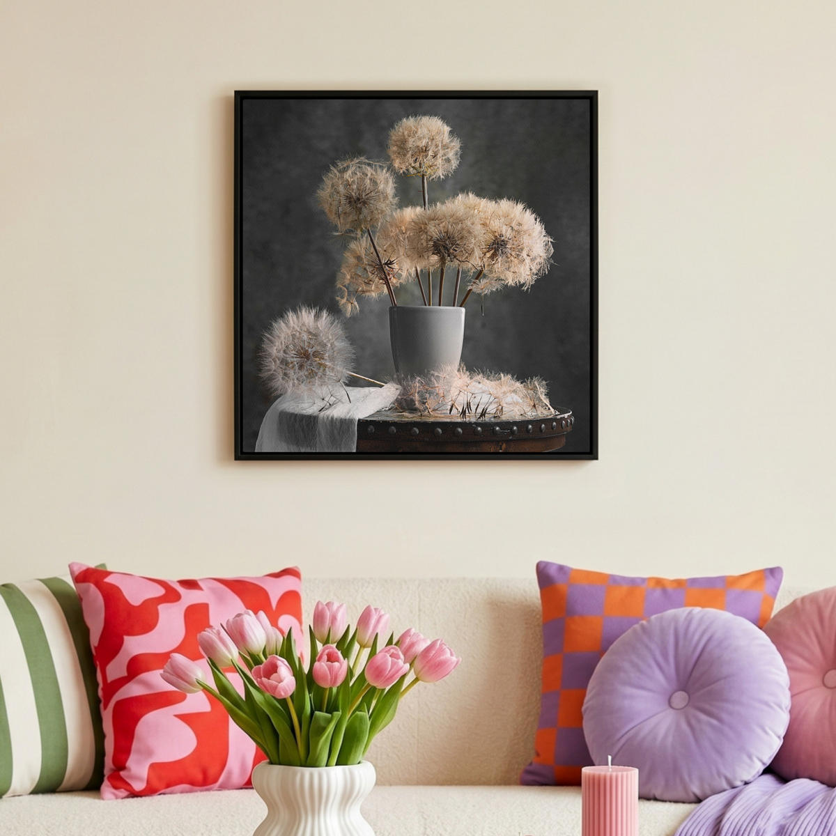 LEINWAND Bilder mit Rahmen - Blumensamen - Löwenzahn - Vase - Stilleben - Blumenstrauß - 50x50 - Dunkelgrau, Textil (50/50cm) - MuchoWow