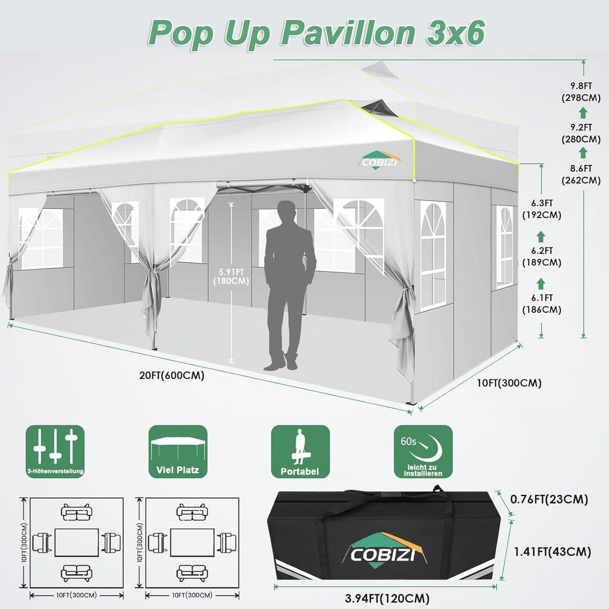 FALTPAVILLON 3 x 6 m Weiß mit 6 Seitenwänden - Weiß, Textil (300/298.2/600cm)