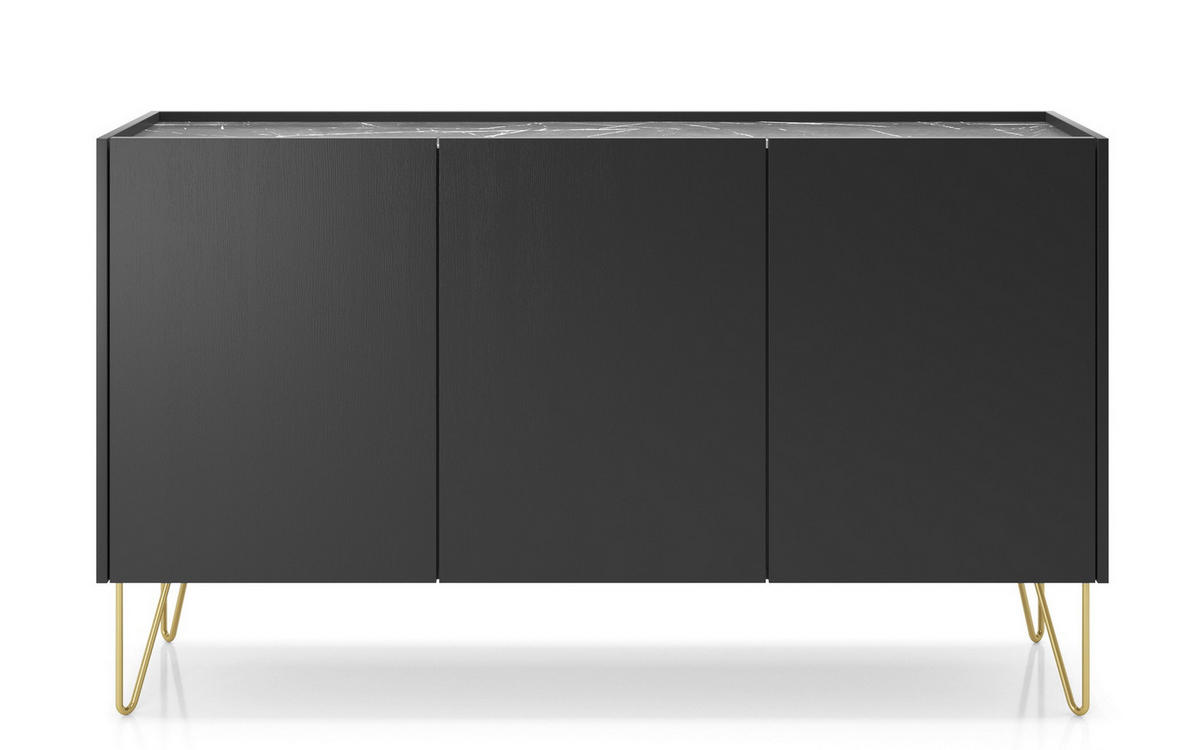 KOMMODE 144 Olven 3 Türen, goldene Beine, Schwarz - Goldfarben/Schwarz, Holz/Metall (144/83/37cm) - Emporius