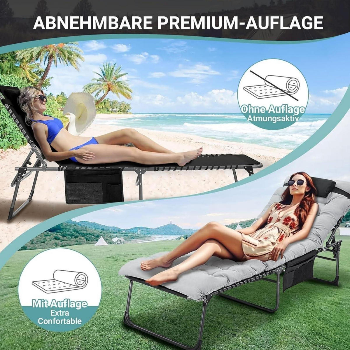 CAMPINGLIEGE mit Auflage verstellbar 5-fach Grau - Grau, Textil (59/37/190cm)