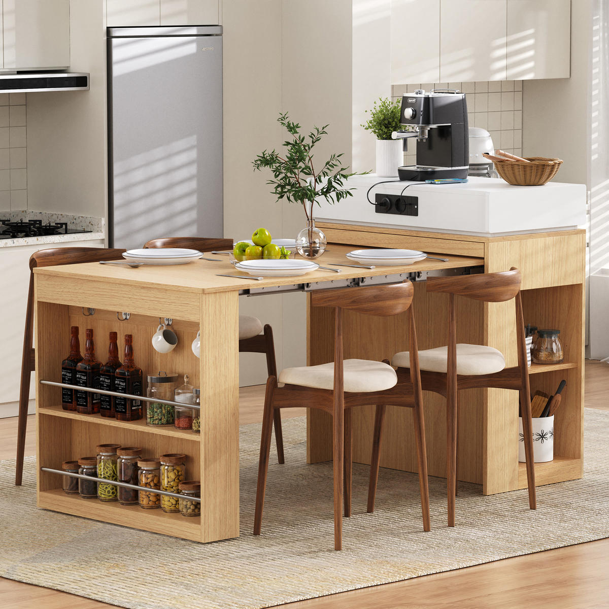 KÜCHENINSEL in Naturfarbe und Weiß Servierwagen mit Steckdosen und Haken für Esszimmer und Küche, B83/T46/H96 cm - Naturfarben, Glas/Holzwerkstoff (83/96/46cm) - STILVORA