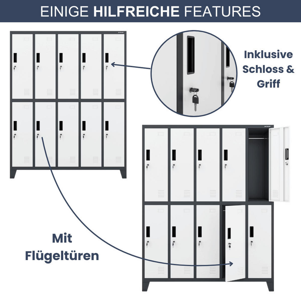 UMKLEIDESCHRANK Spind BERLIN 10 Abteile 172x136x45cm Anthrazit-Weiß - Anthrazit, Metall (136/172/45cm) - DELUKE
