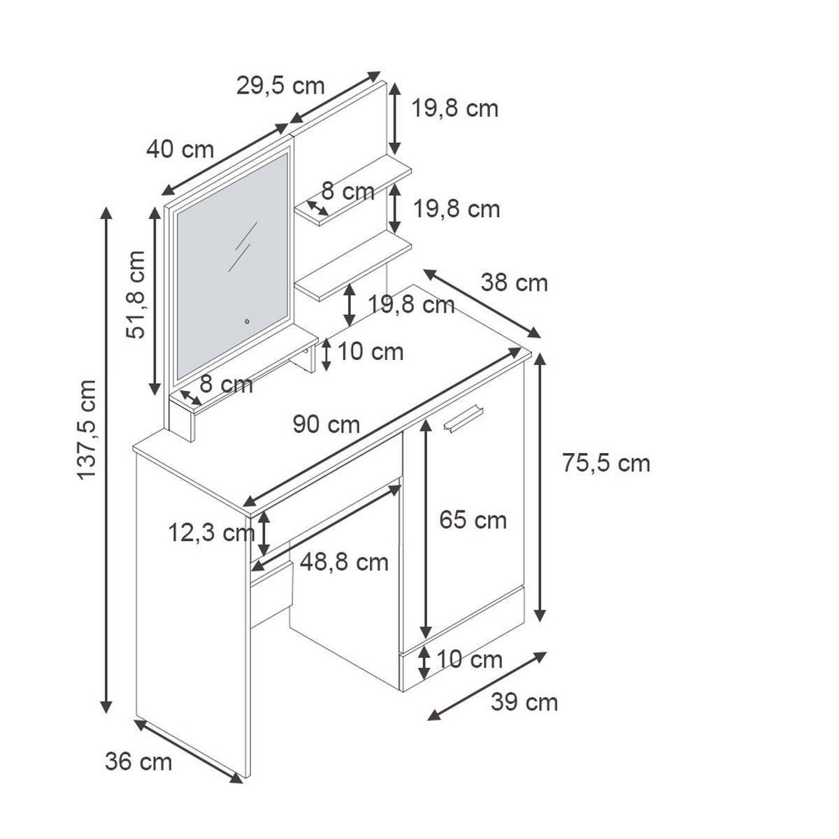 SCHMINKTISCH Julia Weiß 90 cm mit LED-Spiegel - Weiß, Holzwerkstoff (90/137.5/38cm) - Vicco