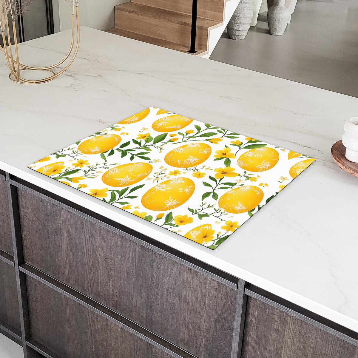 HERDABDECKPLATTE Blumen - Ostereier - Gelb Induktionsmatte 77x59 cm - Gelb, Kunststoff (77/59/0.2cm) - MuchoWow