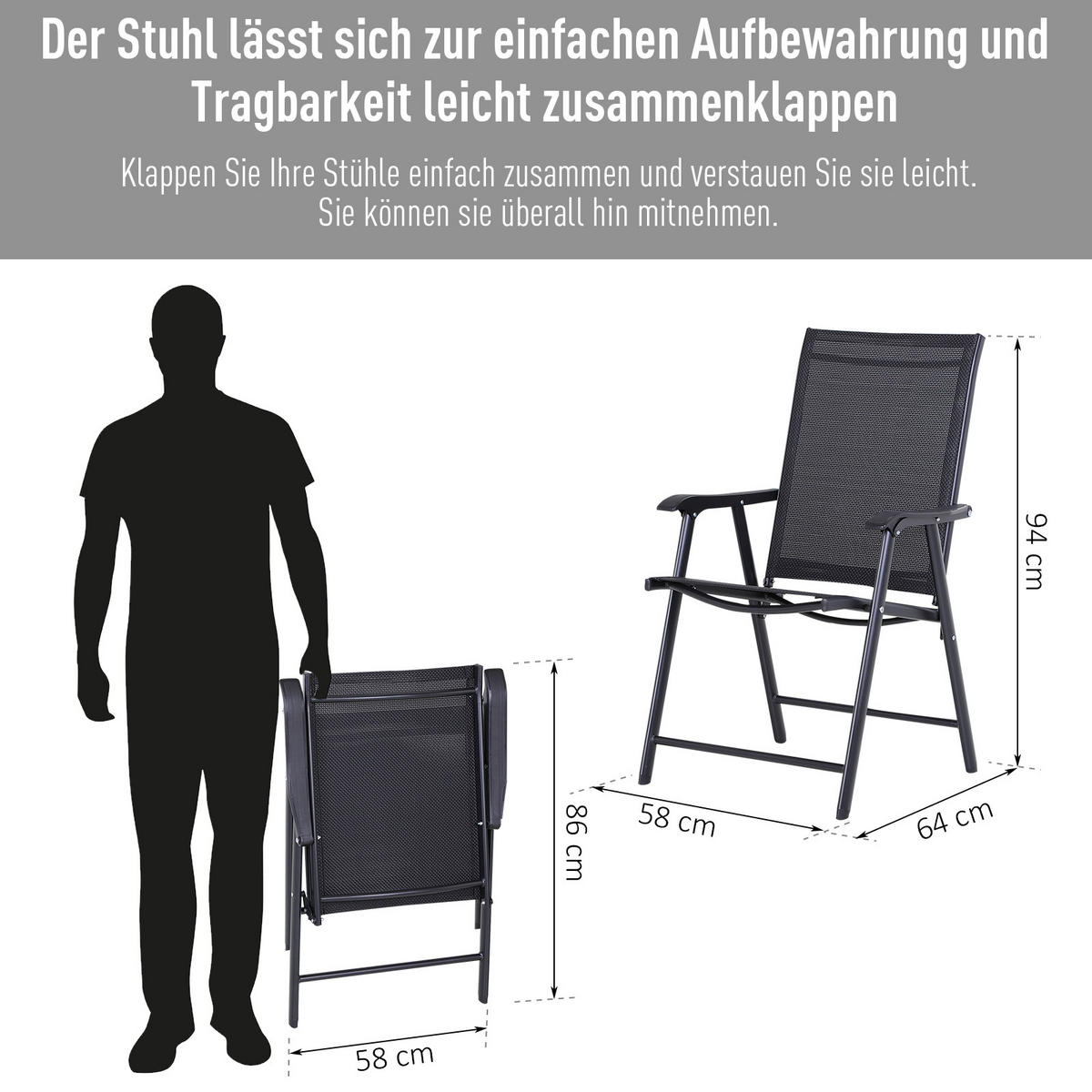 KLAPPSTUHL mit Armlehne 2er-Set Campingstuhl Angelstuhl Metall Schwarz - Schwarz, Textil/Metall (64/94/58cm) - Outsunny