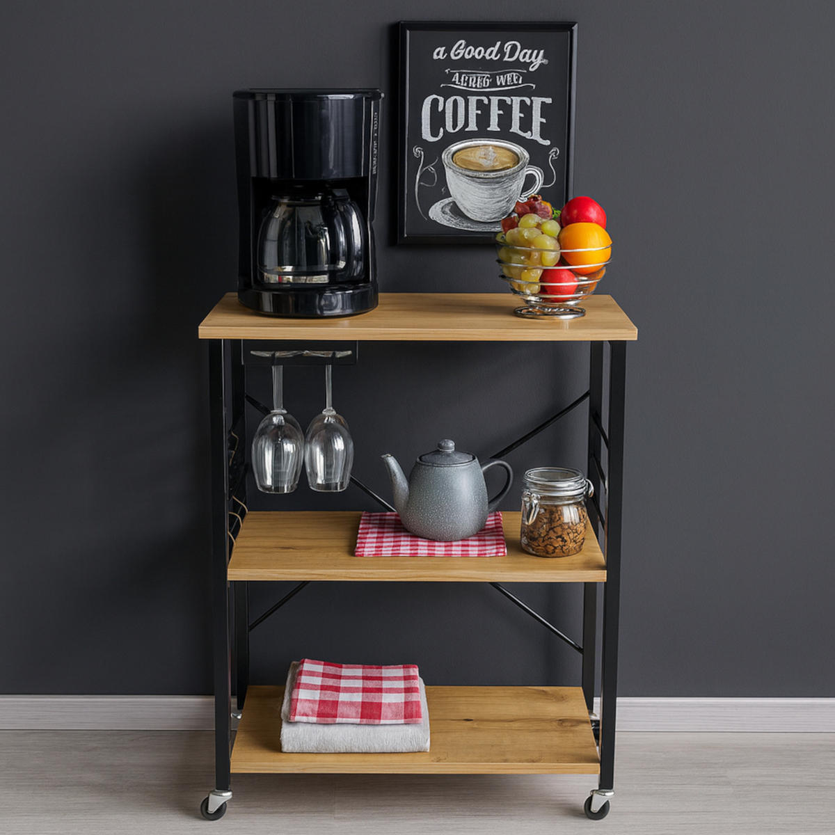 KÜCHENREGAL Holzoptik Metall Eichefarben Schwarz mit Rollen 60×40×90 cm - Eichefarben/Schwarz, Holzwerkstoff/Metall (60/90/40cm) - Begryf