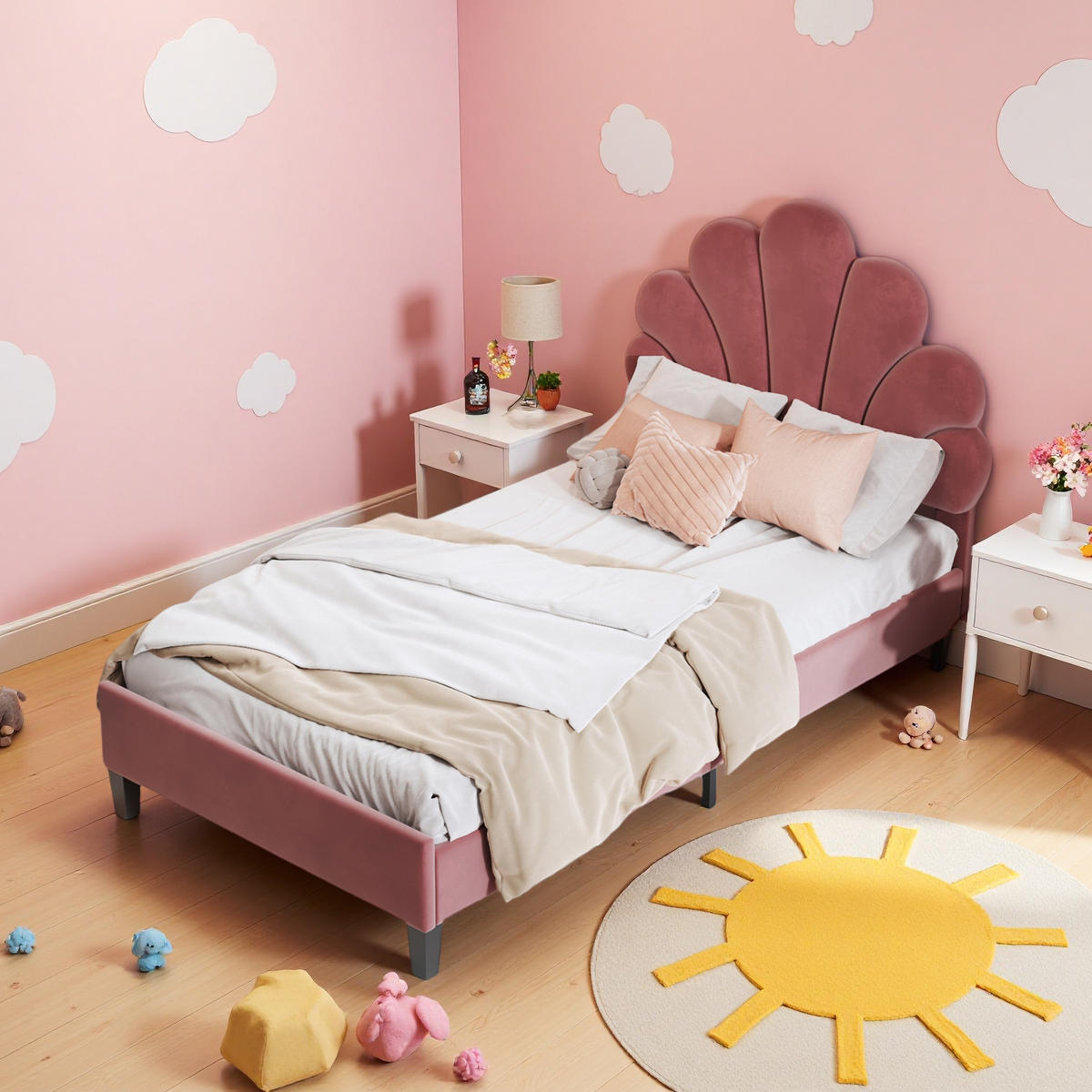 EINZELBETT 90x200 ROT SAMT BLUMENKOPFTEIL KINDERBETT - Rot, Metall (90/200cm) - SHOPENTRA