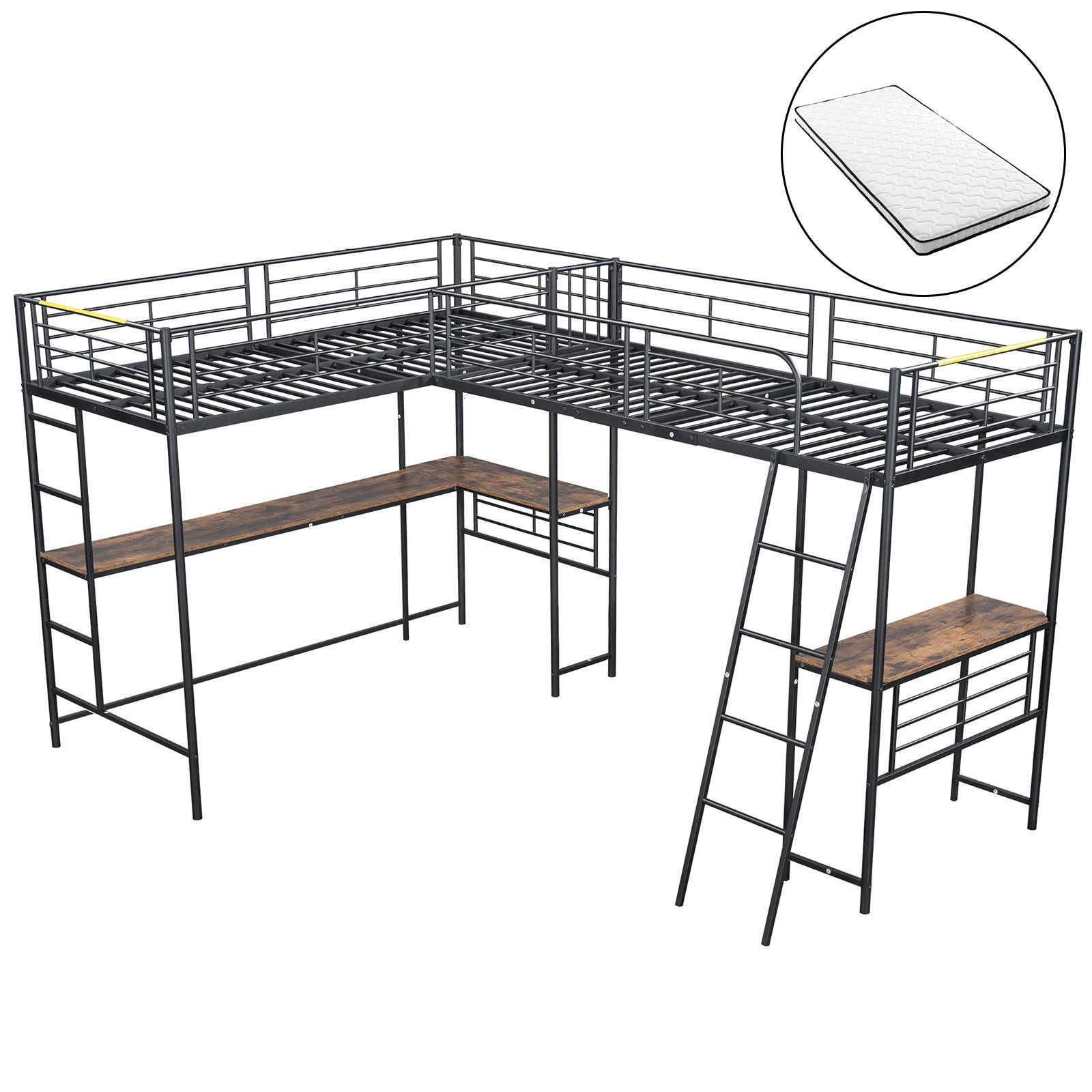 HOCHBETT 90/200 cm schwarz mit Tisch und Doppeltreppe mit Matratze - Schwarz, Metall (90/200cm) - OKWISH