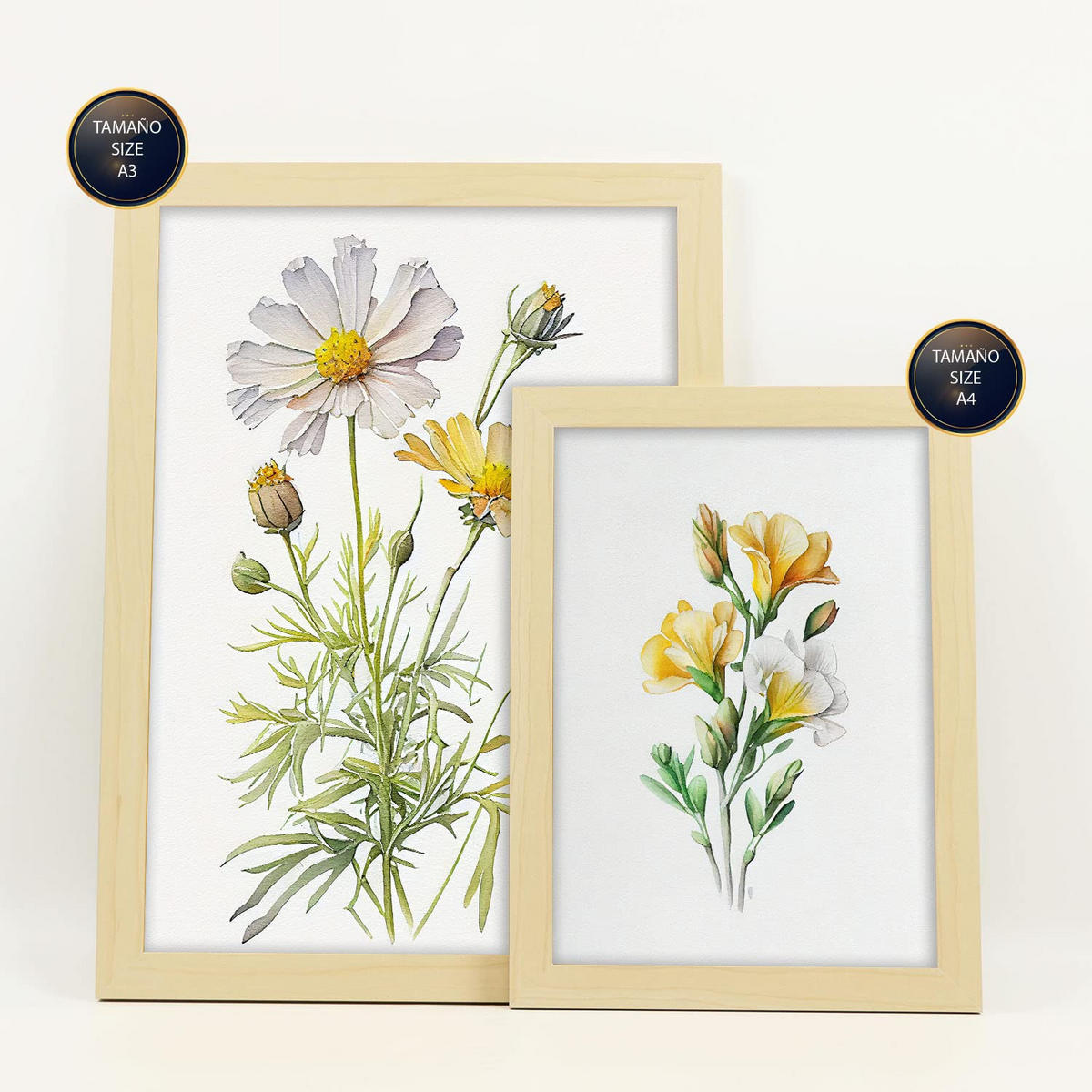 POSTER Set Mit 6 Gelbe Blumen Vollfarbige Natur Und Botanikdrucke Mit Blumenmotiven Auf Reinweißen Hintergründen A3 & A4 Rahmen Aus Hellem Holz - Beige, Papier (29/3cm) - Nacnic