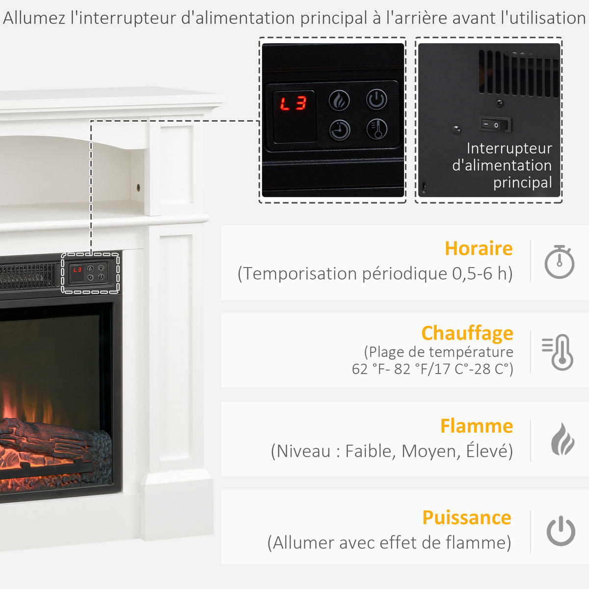ELEKTROKAMIN DE-17025 LED-Flamme mit Fernbedienung Weiß - Weiß, Metall (80.5/80.5/32.3cm) - ComfortXL