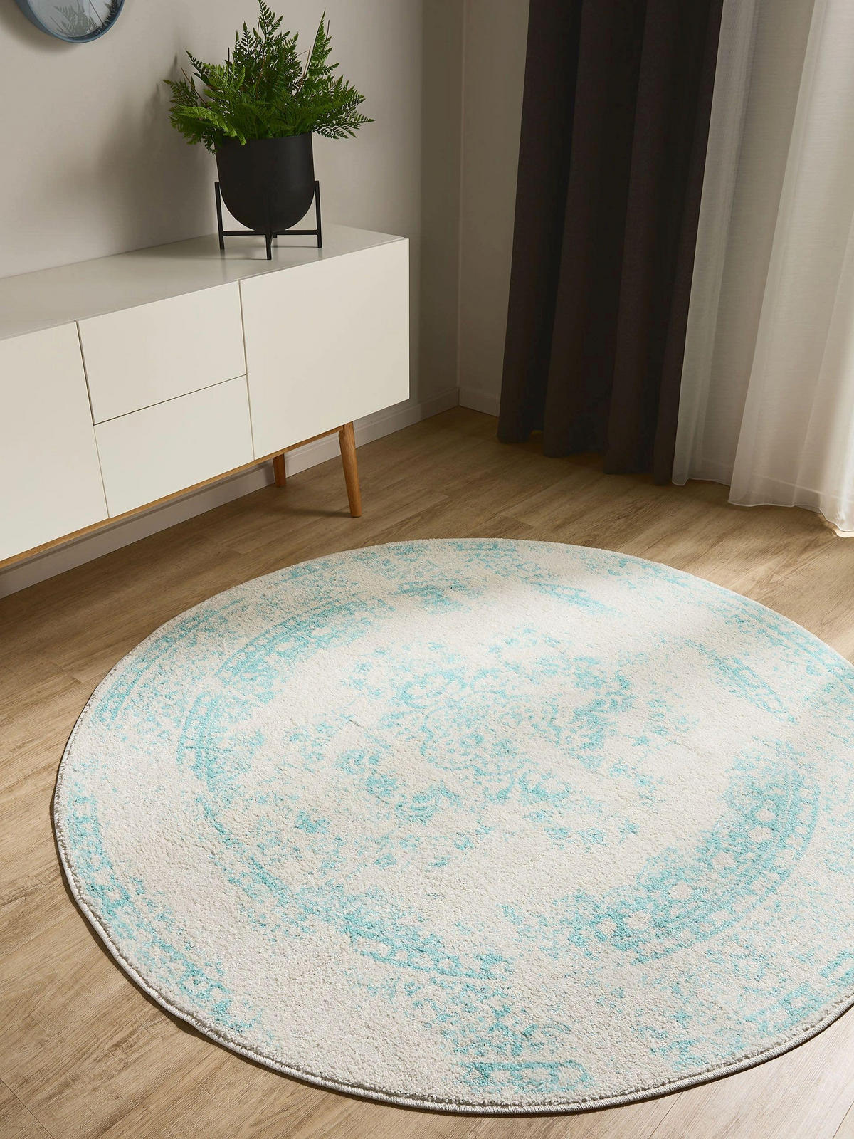 VINTAGE-TEPPICH Sia ø 120 cm rund - Türkis/Creme, Kunststoff (120/120cm) - benuta