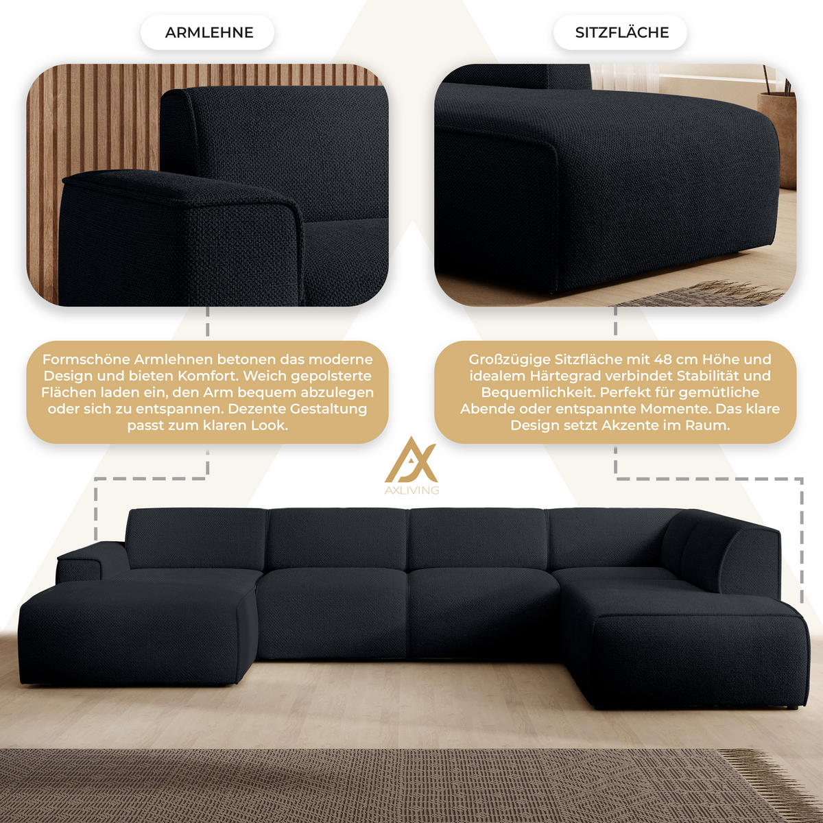 WOHNLANDSCHAFT Didim Schwarz 378/220/78 cm – großes Sofa stilvoll & bequem R - Schwarz, Kunststoff/Textil (378/78/220cm) - AX Living