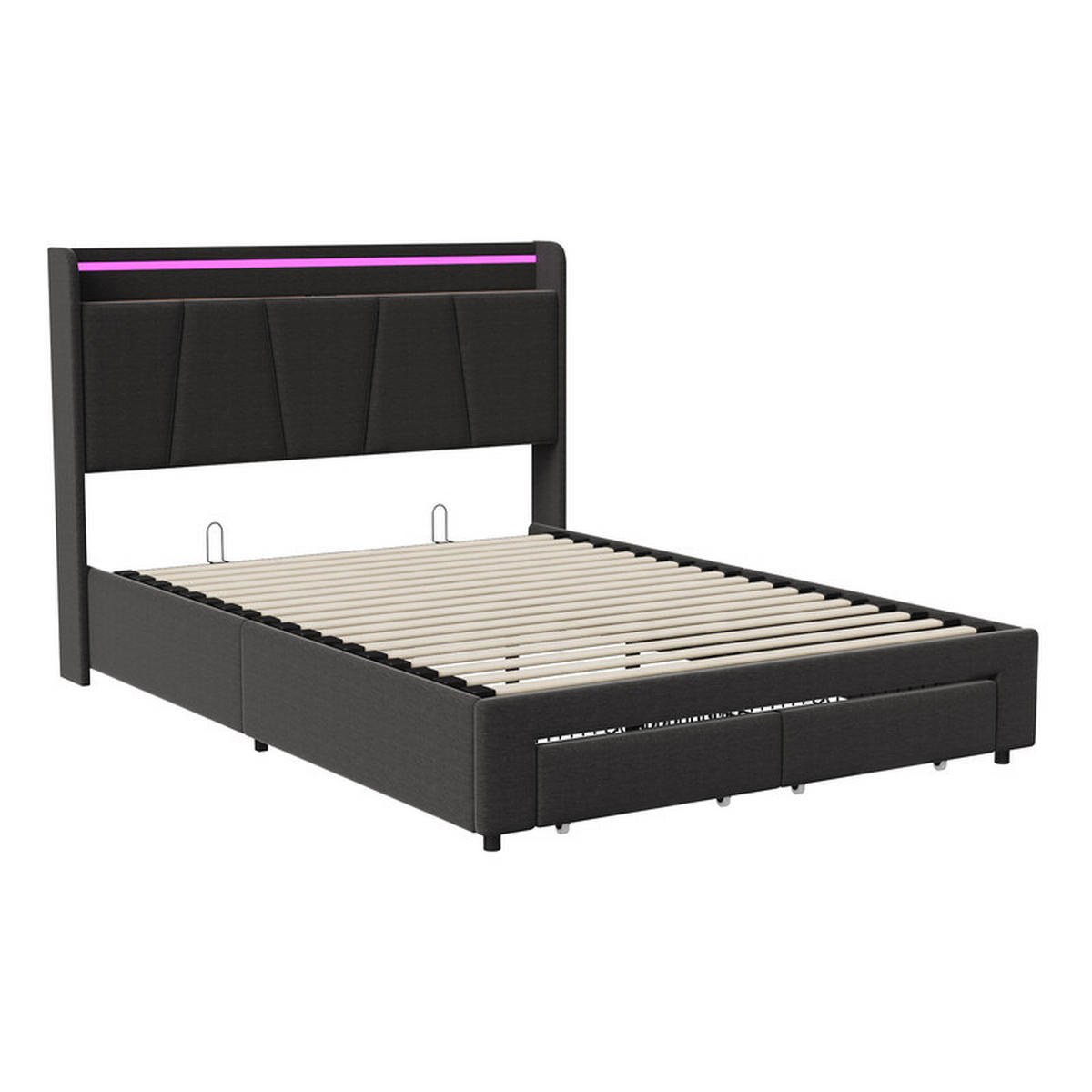 BETT 160 x 200 cm mit Stauraum, mit 2 Schubladen, LED-Beleuchtung und USB-Anschlüssen, Kopfteil - Grau, Holzwerkstoff/Textil