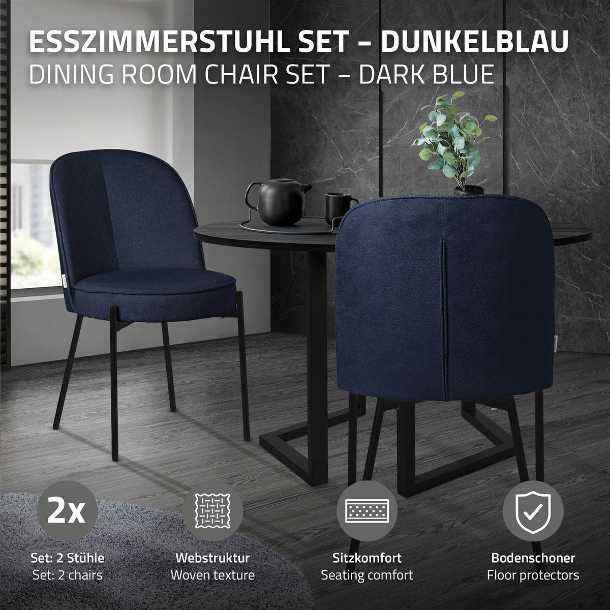 JÍDELNÍ ŽIDLE, sada 4 ks, tmavě modrá, s látkovým potahem - černá/tmavě modrá, kov/textil (50/83/63cm) - ML-DESIGN