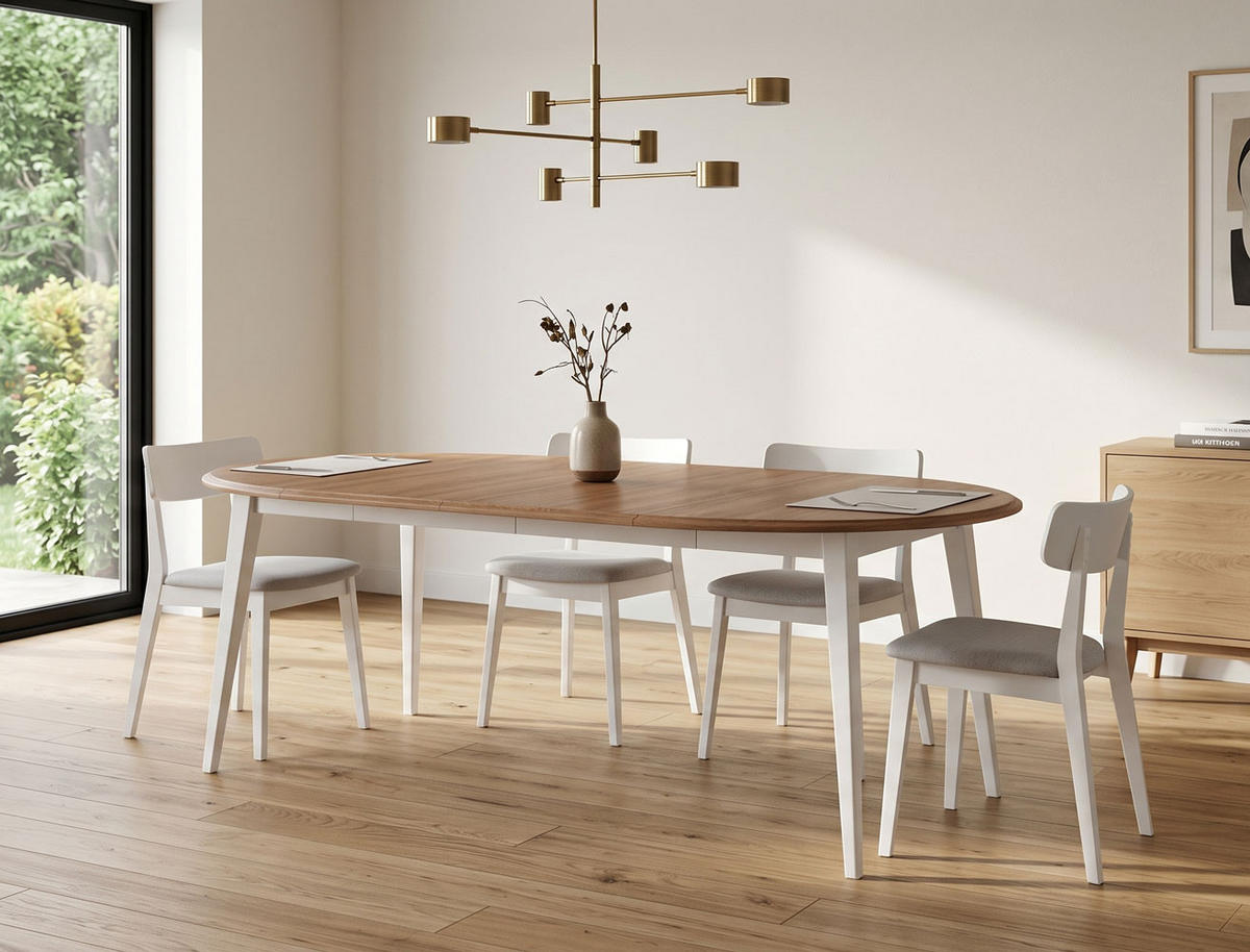 ESSTISCH Belluno Elegante Kiefer weiß (RAL9010) lackiert / Kiefer gebeizt, Eichefarben 110-210 / 110 / 74,5cm - Eichefarben/Weiß, Holz (110/210/75cm) - Feldmann-Wohnen