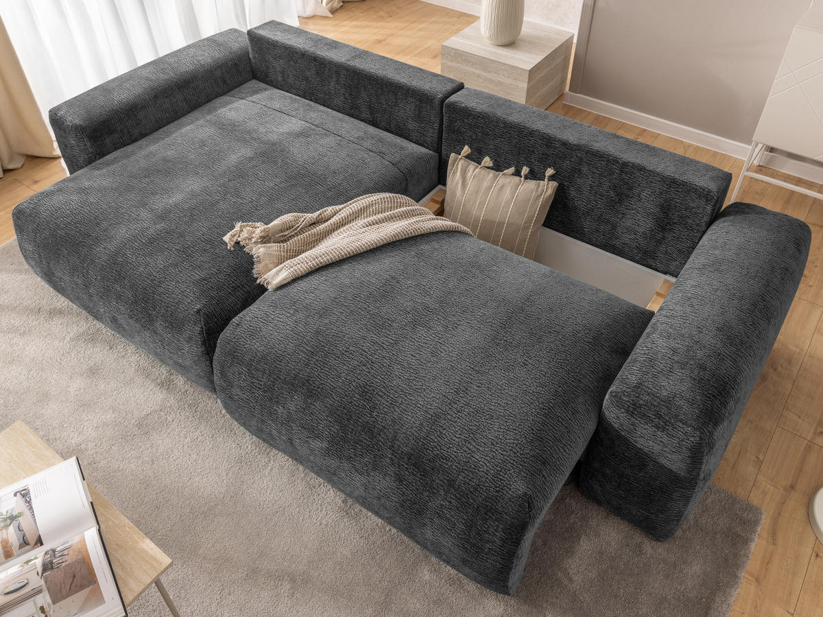 ECKSOFA Puffy mit Schlaffunktion und Bettkasten - besonders weich und puffig aus Dunkelgrau Stoff mit Chenillestruktur - Ottomane links - Dunkelgrau/Schwarz, Holz/Kunststoff (138/266cm) - S-Style Möbel