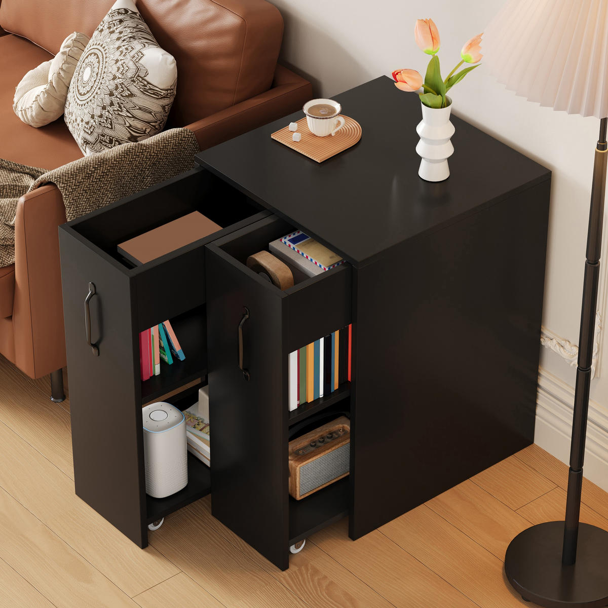SIDEBOARD aus Spanplatte 52x50x75 cm Schwarz mit Rollen, beidseitig montierbaren Auszügen und offenen Fächern - Schwarz, Holzwerkstoff (52/75/50cm) - Modfu