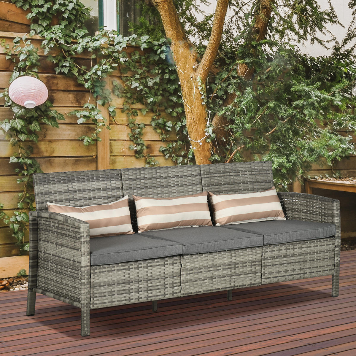 RATTAN Sofa mit Kissen, Dreisitzer, Garten Loungesofa, Stahl, Grau - Grau, Metall (68/78/173cm) - Outsunny