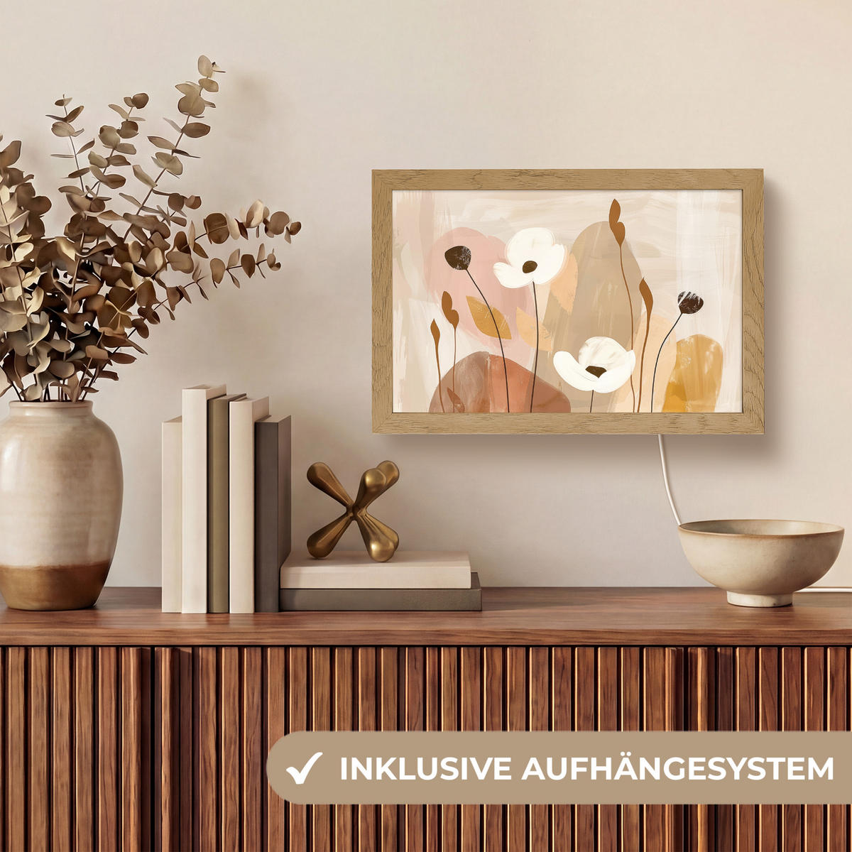 WANDLEUCHTE Blumen - Abstrakt - Beige - Strichzeichnung 30x20 cm - Sandfarben, Holzwerkstoff (30/20/8cm) - OnlyWow