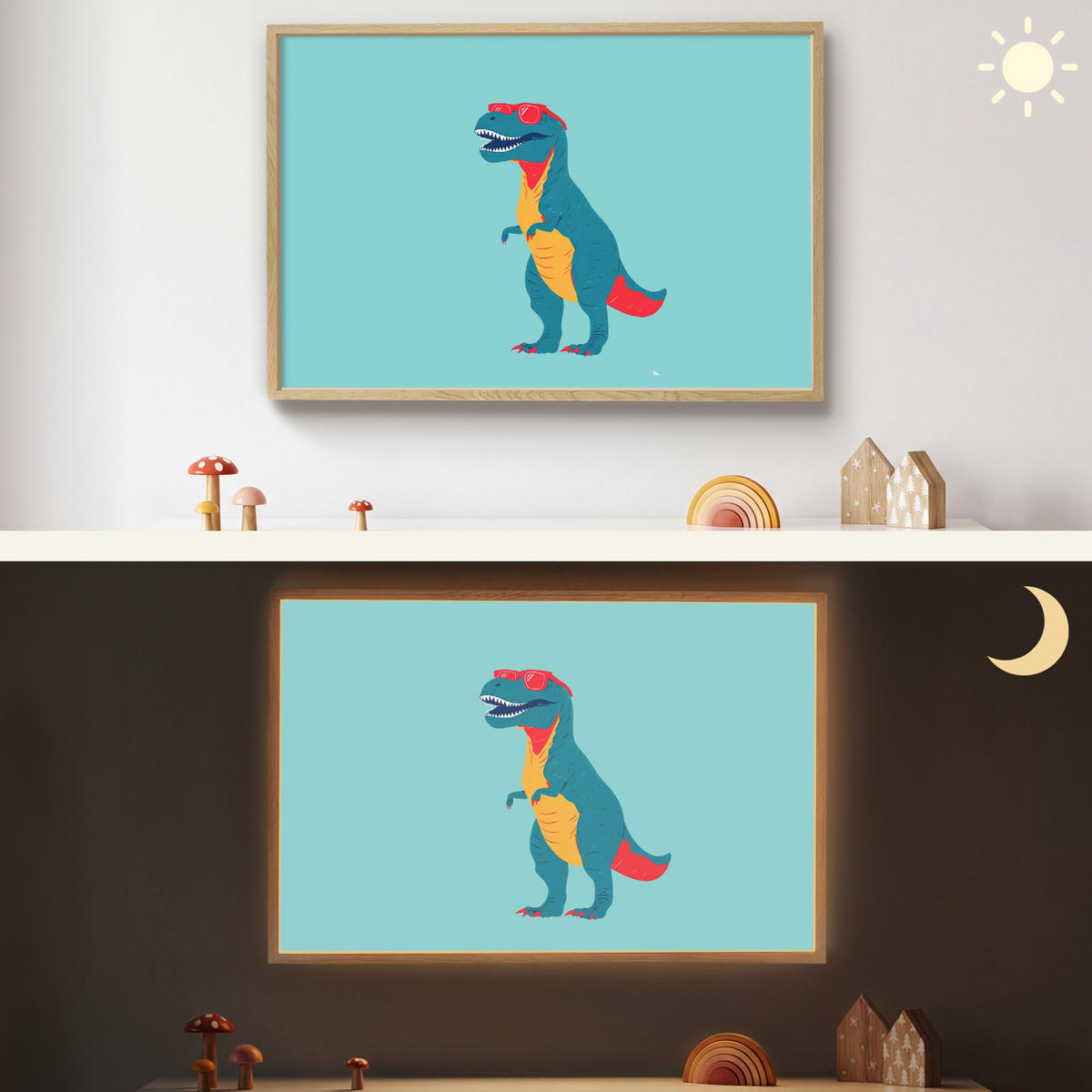 NÁSTĚNNÁ LAMPA S AKUMULÁTOREM Dinosaurus - Modrá - Sluneční brýle 90x60 cm - světle modrá, kompozitní dřevo (90/60/8cm) - OnlyWow