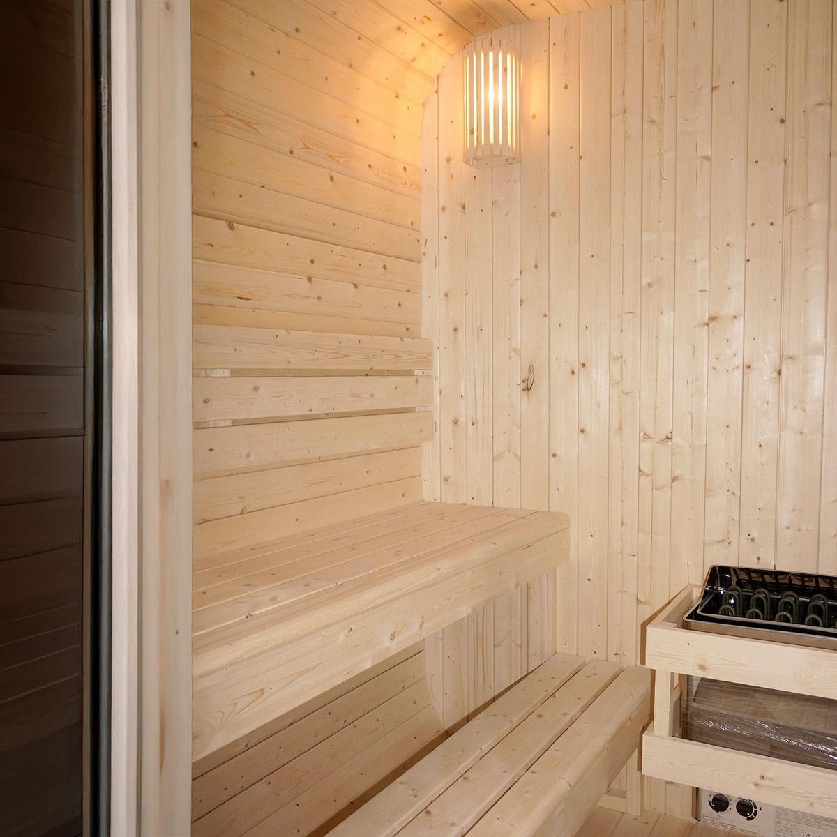 FASSSAUNA Fjora mit 9 kW Saunaofen (6 Personen) - Naturfarben, Holz (228/225/180cm) - Artsauna