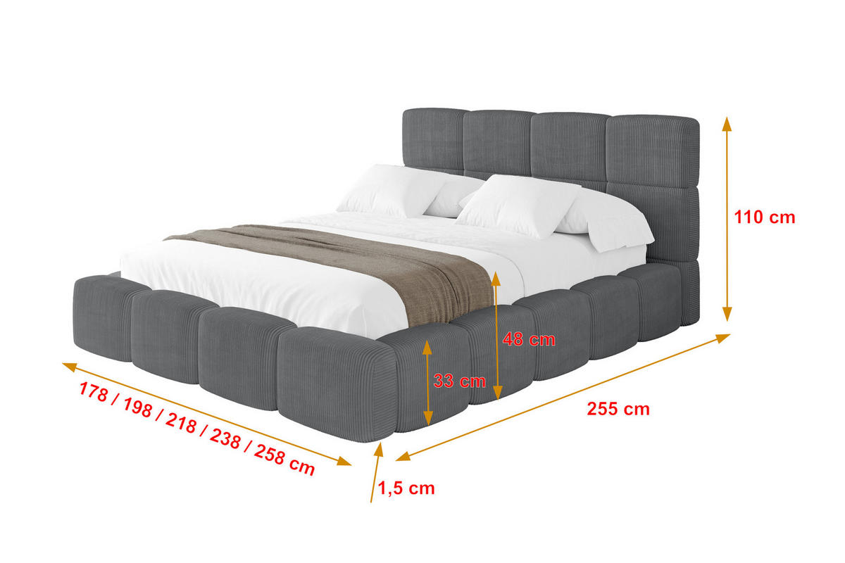 POLSTERBETT mit Bettkasten und Lattenrost, Bett mit Matratze H3/H4, Kopfteil, Boxbett, Doppelbett mit Stauraum - NATA 120x200 Dunkelgrau - Chromfarben, Holzwerkstoff/Textil (120/200cm) - ALTDECOR