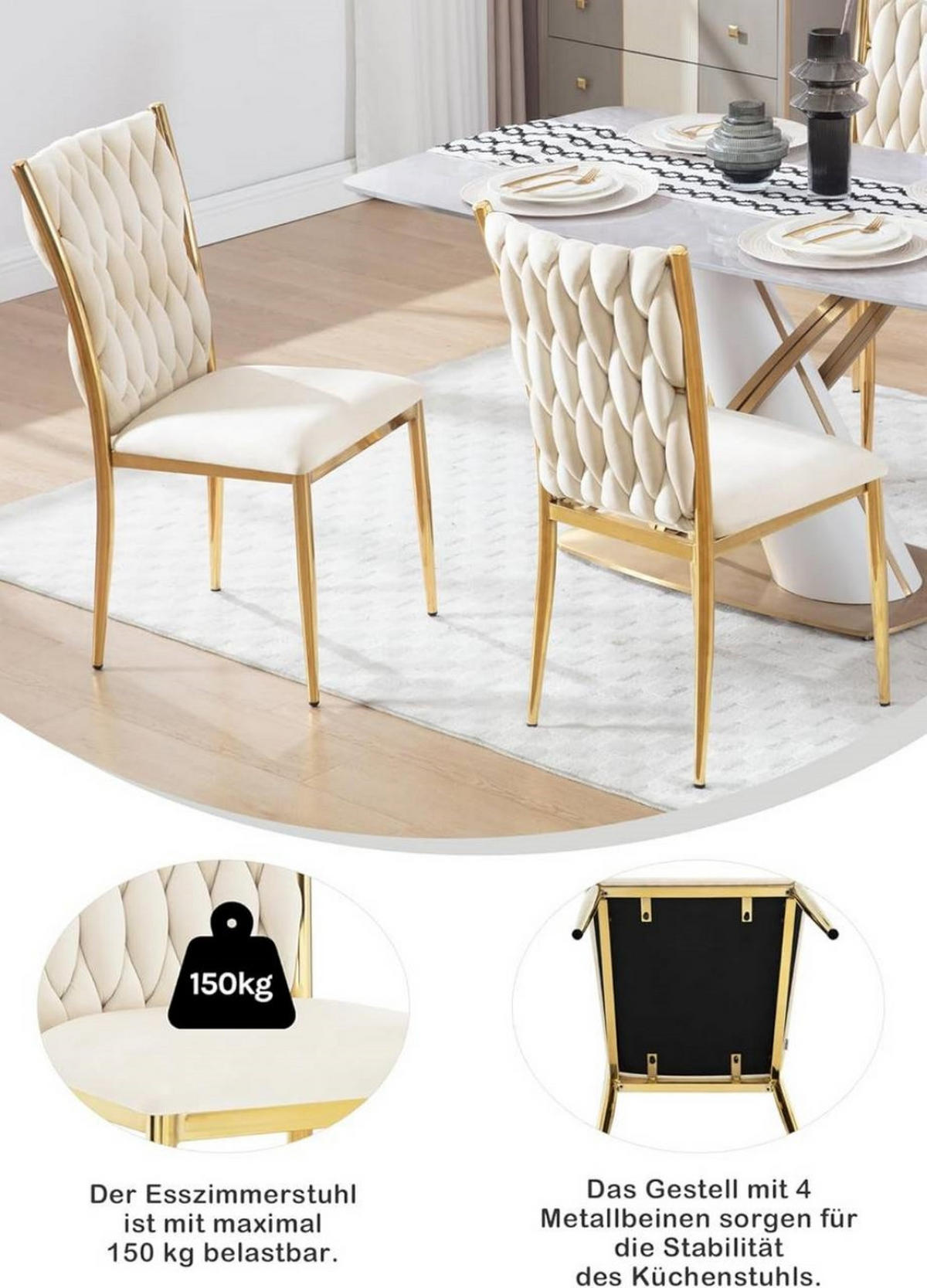 ESSZIMMERSTUHL 6er Set hohe Rückenlehne, Samt, Creme - Creme, Kunststoff/Textil (46/94.5/48cm) - Woltu