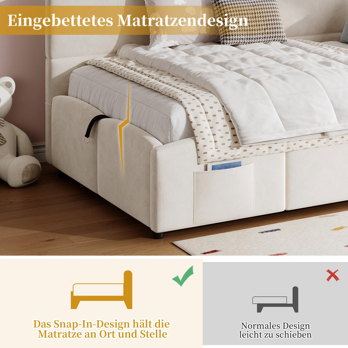 SCHLAFSOFA 90/190 cm in Beige Samt mit Stauraum, USB-A/USB-C und Staufächern - Beige, Holzwerkstoff/Textil (90/190cm) - WISHDOR