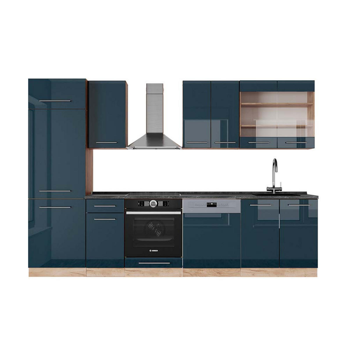 KÜCHENZEILE Fame-Line Dunkelblau Hochglanz/Goldkraft Eiche 300 cm AP Anthrazit - Honigeiche/Dunkelblau, Holzwerkstoff (300/81.6/60cm) - Vicco