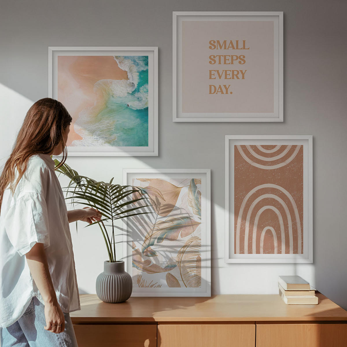 WANDBILDER 4er-Set - 50x50 cm & 40x60 cm Weißer Rahmen - Zarte Boho-Blätterschrift - Weiß, Kunststoff (50/50cm) - ArtPrintCave