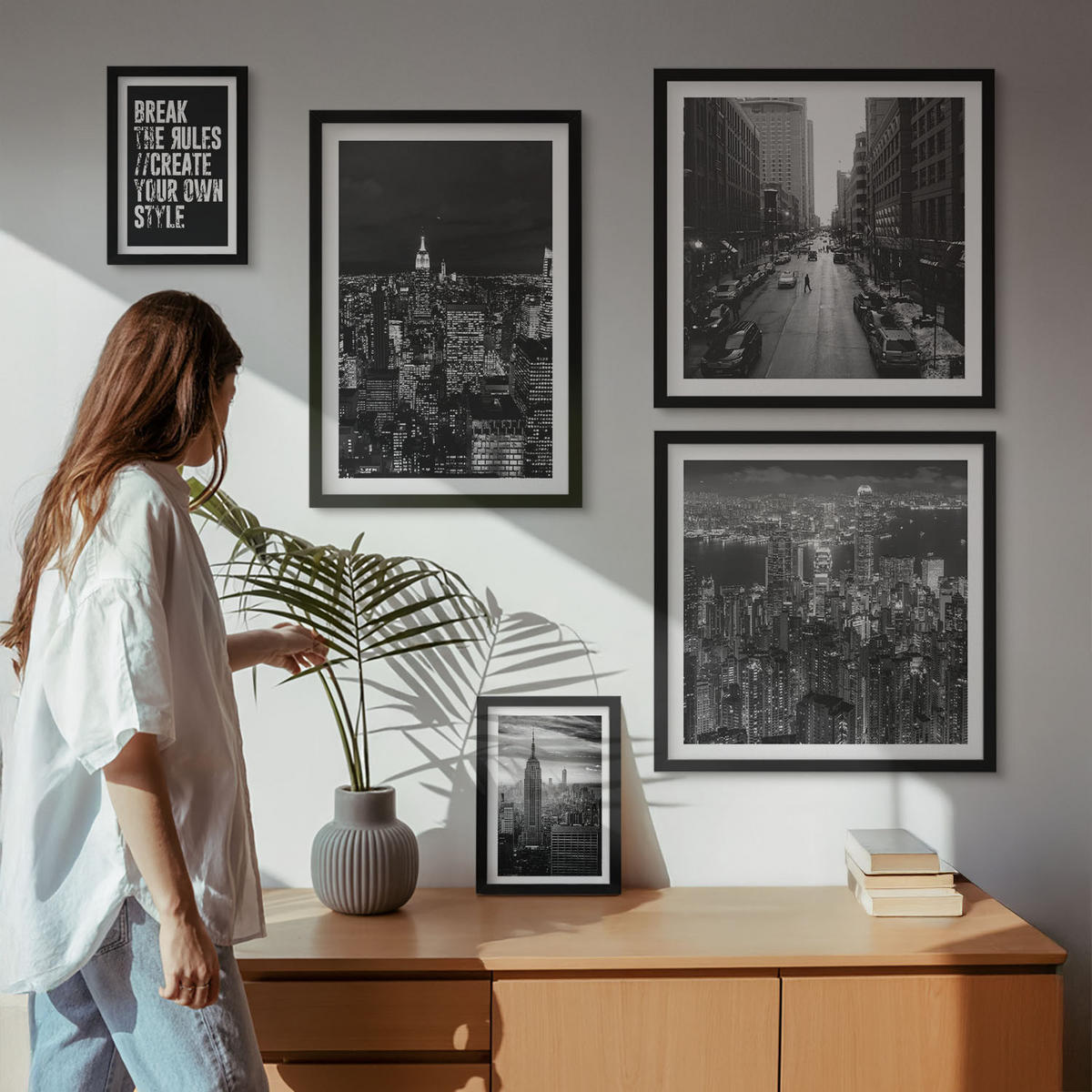 WANDBILDER 5er-Set - 50x50 cm & 20x30 cm & 40x60 cm Schwarzer Rahmen - Inspiration für Schwarz-Weiß-Darstellungen von Stadtstraßen - Schwarz, Kunststoff (40/60cm) - ArtPrintCave
