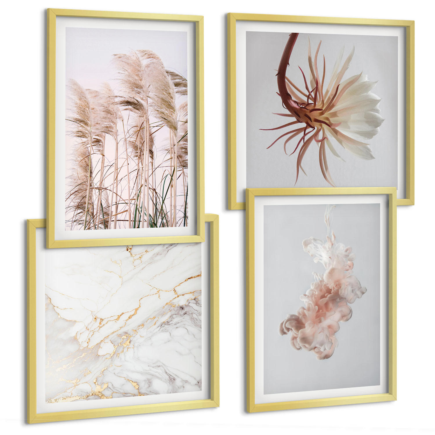 BILDER SET 4er Set - 50x50 cm & 40x60 cm Goldrahmen - Elegante Gräser, Blumen, Marmor - Goldfarben, Kunststoff (50/50cm) - TULUP