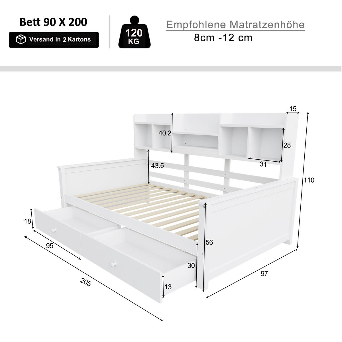 ČALOUNĚNÁ POSTEL 90x200cm Masiv Dřevo Zásuvky Bílá - bílá, dřevo (90/200cm) - FLIEKS