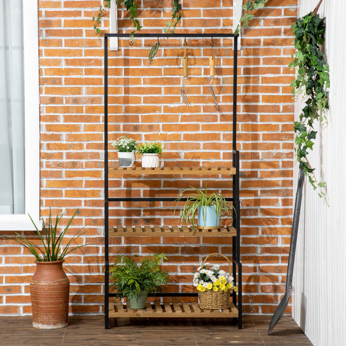 PFLANZENREGAL, Tannenholz, Eisen, Schwarz+Natur - Multicolor, Holz (36/174/80cm) - Outsunny