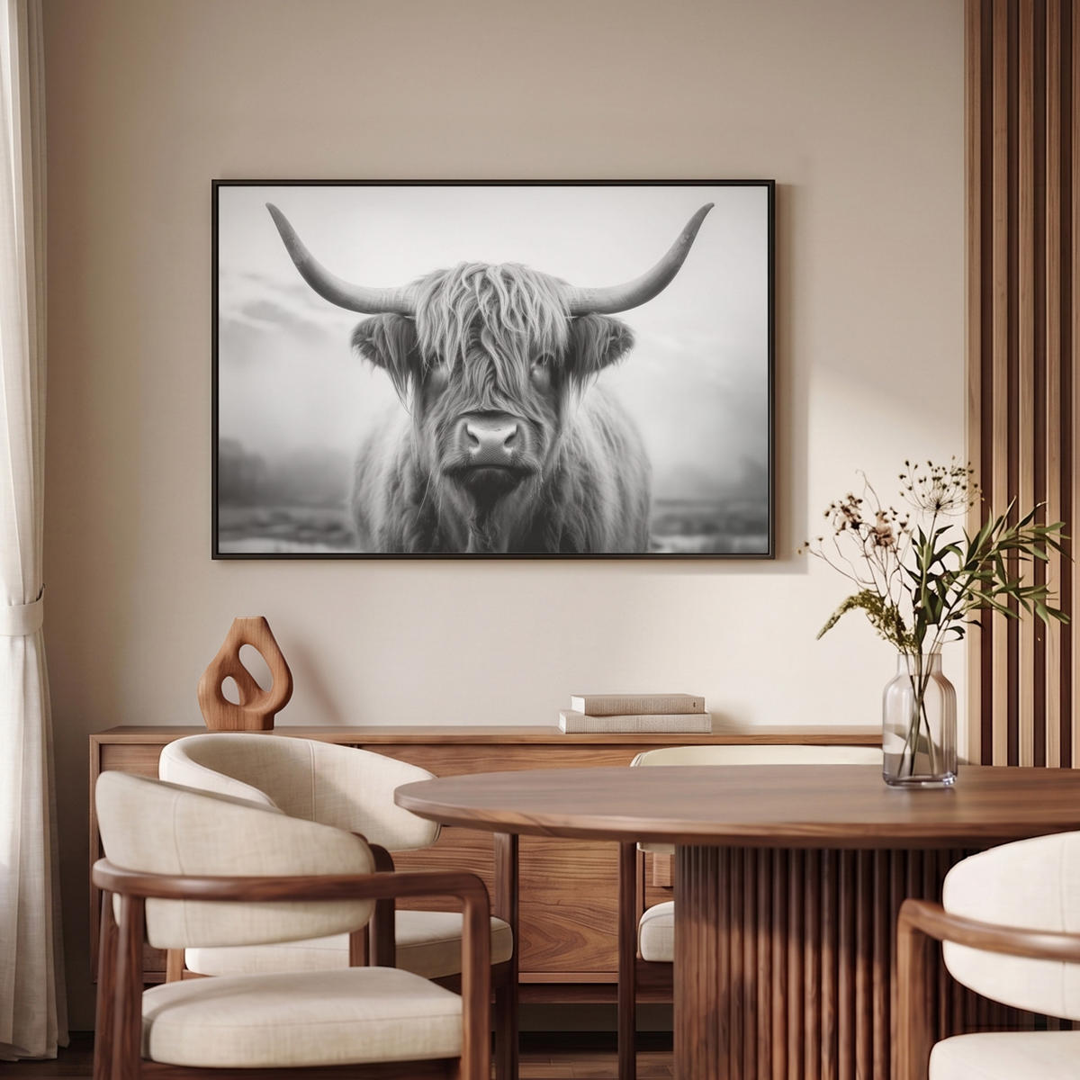 LEINWAND Bilder mit Rahmen - Schottischer Highlander - Nebel - Schwarz - Weiß - 90x60 - Grau, Textil (90/60cm) - MuchoWow