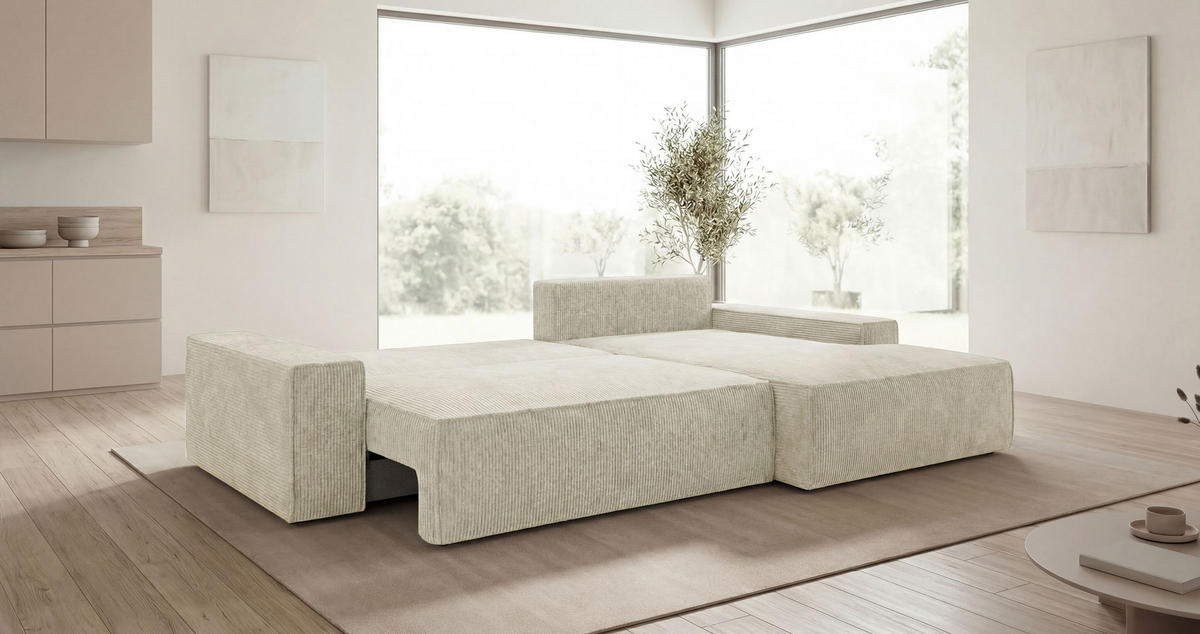 ECKSOFA VERONA rechts weiß Cord Poso 100 - Schlaffunktion, Bettkasten - Weiß, Textil (280/184cm) - Cornero