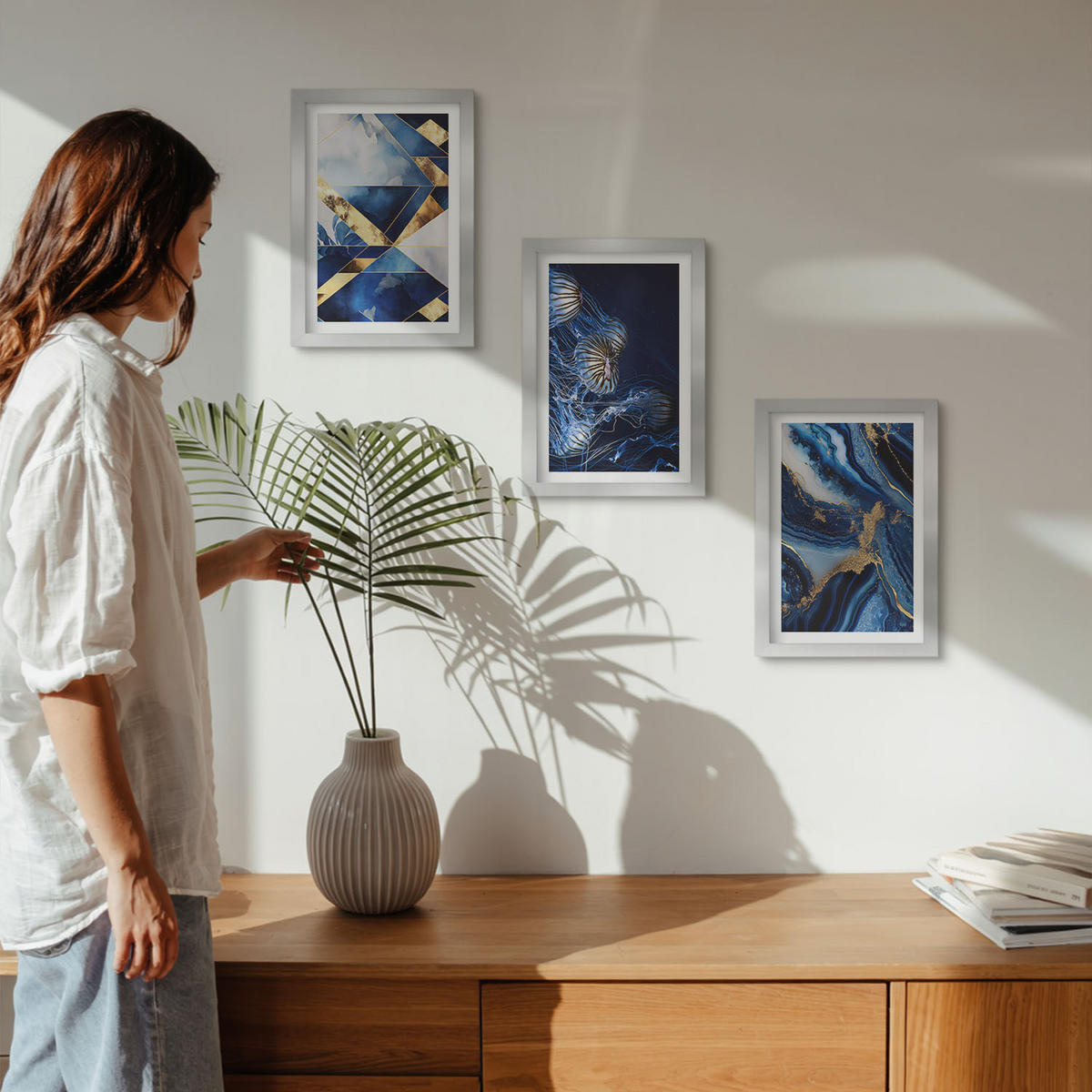 WANDBILDER 3er Set - 20x30 cm Silberner Rahmen - Abstrakte, elegante Muster - Silberfarben, Kunststoff (20/30cm) - ArtPrintCave