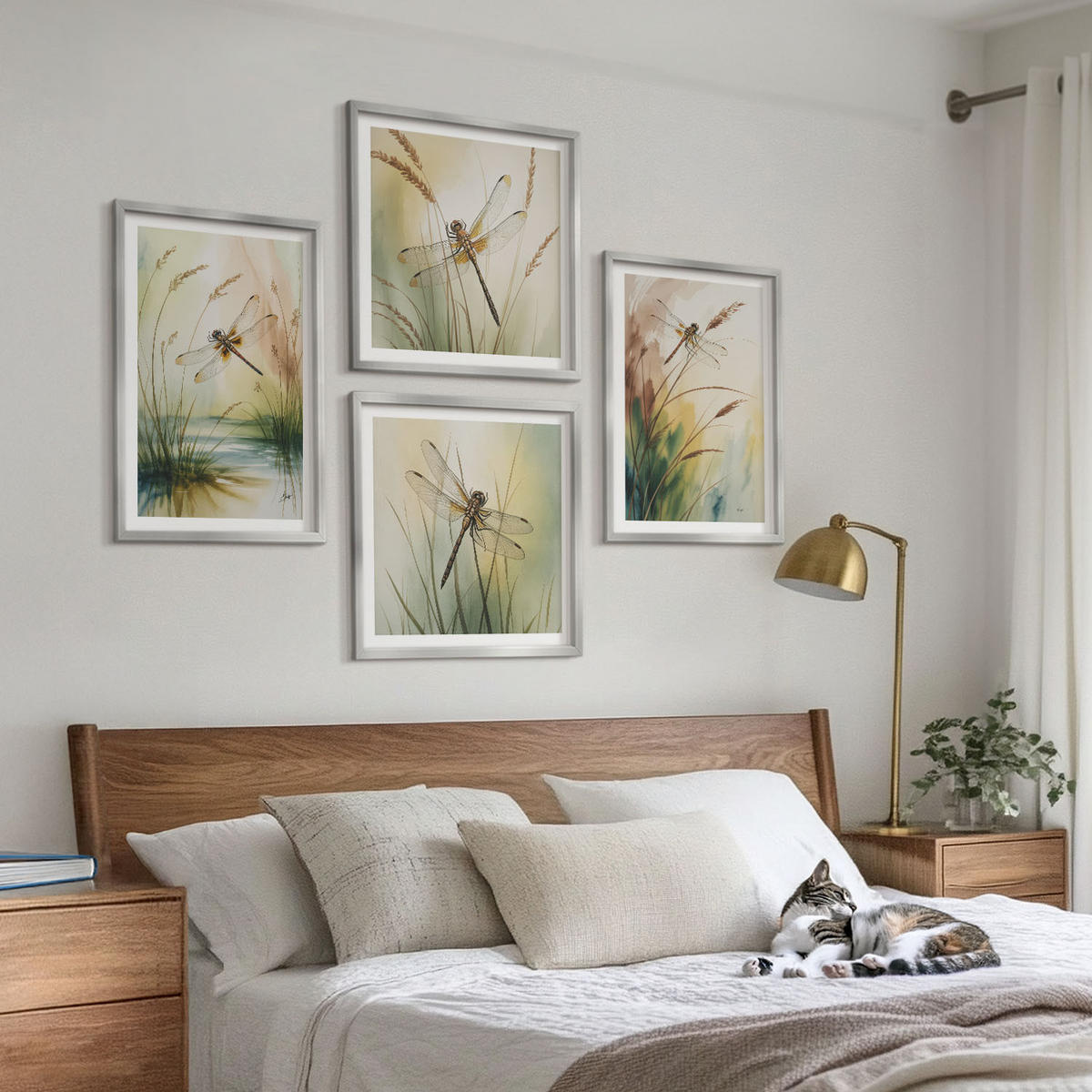 WANDBILDER 4er Set - 50x50 cm & 40x60 cm Silberner Rahmen - Libellen im Gras, Wassermalerei - Silberfarben, Kunststoff (50/50cm) - ArtPrintCave