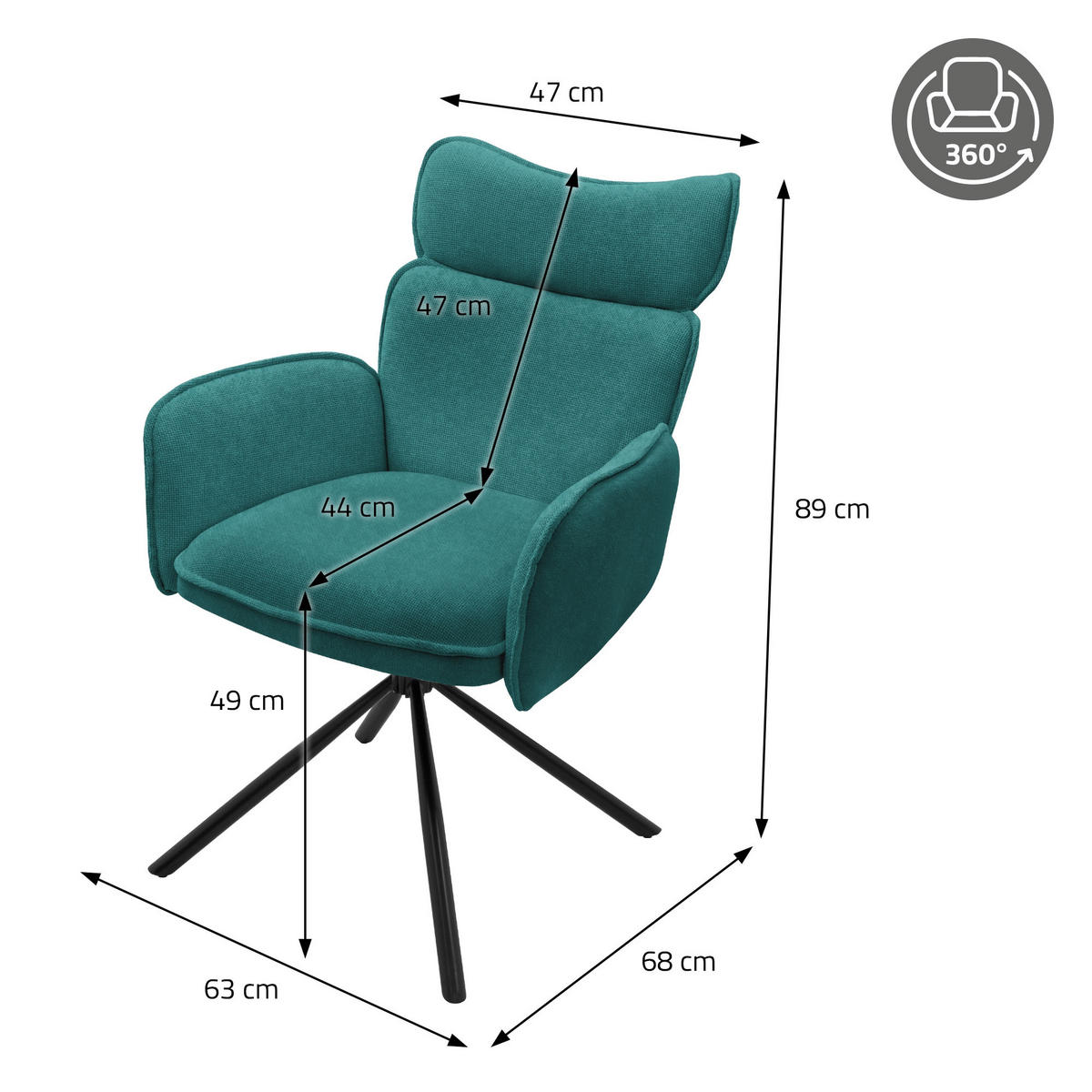 ESSZIMMERSTÜHLE 4er Set drehbar Petrol mit Stoffbezug - Petrol/Schwarz, Textil/Metall (63/89/68cm) - ML-DESIGN