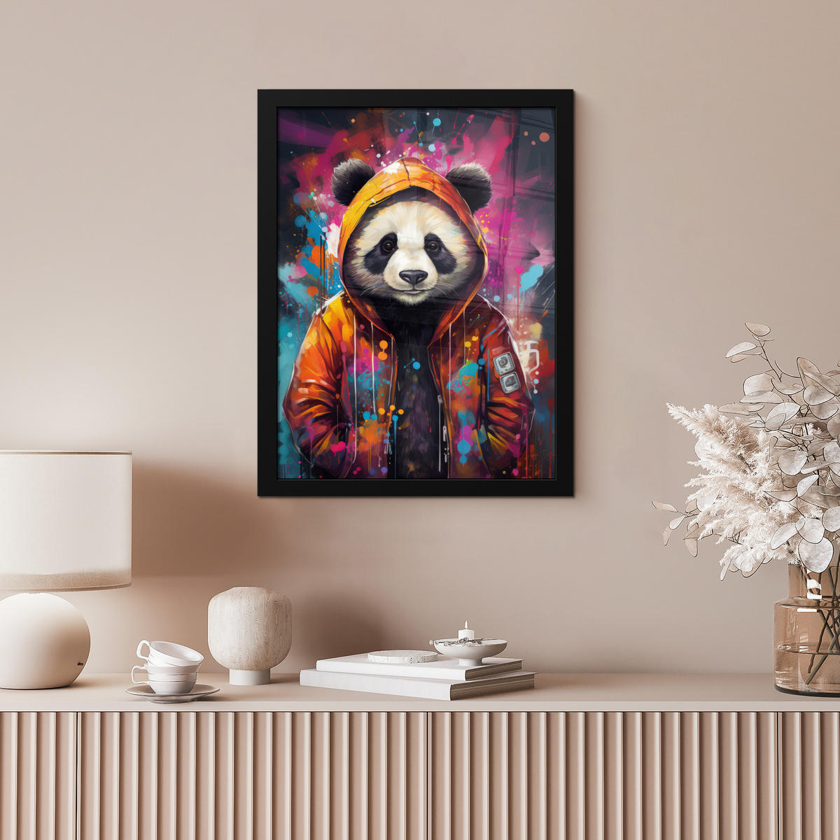 GERAHMTES BILD Panda - Jacke - Graffiti - Orange 30x40 cm - Orange, Papier (30/40cm) - MuchoWow