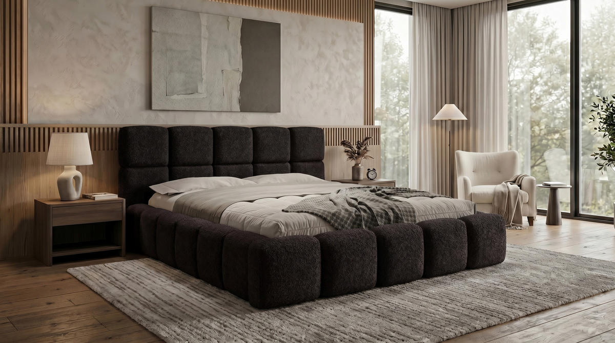 POLSTERBETT LOMBA 120x200 cm mit Bettkasten und Metall-Lattenrost – Bouclé Stoff Coral Schwarz - Schwarz, Textil (120/200cm) - Luxkor24