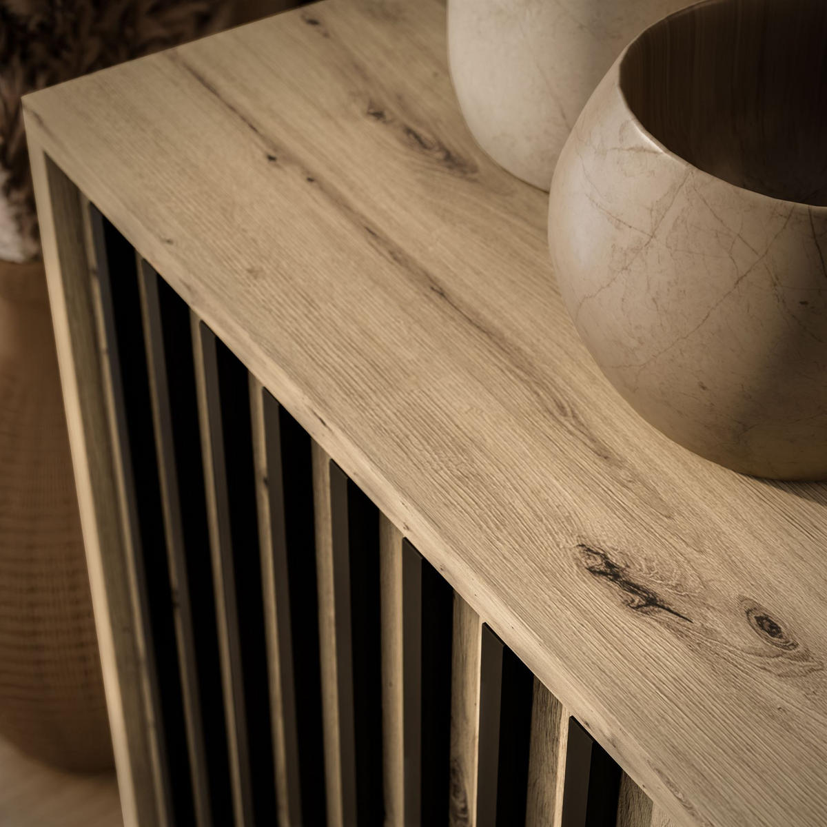 KOMMODE NELA, zweitürig mit Lamellen, Artisan/Schwarz - Eiche Artisan, Holzwerkstoff (155/86/45cm) - Lookway