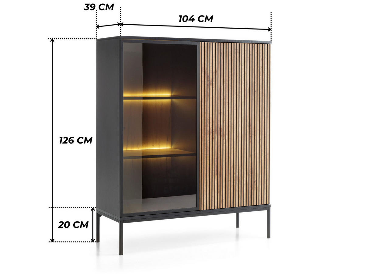 MODERNE Geriffelte Vitrine LAGOS W2D (Schwarz, Eiche Wotan, LED, Metallfüße, Push to Open) - Eiche Wotan/Schwarz, Glas/Holz (104/126/39cm) - Ravio